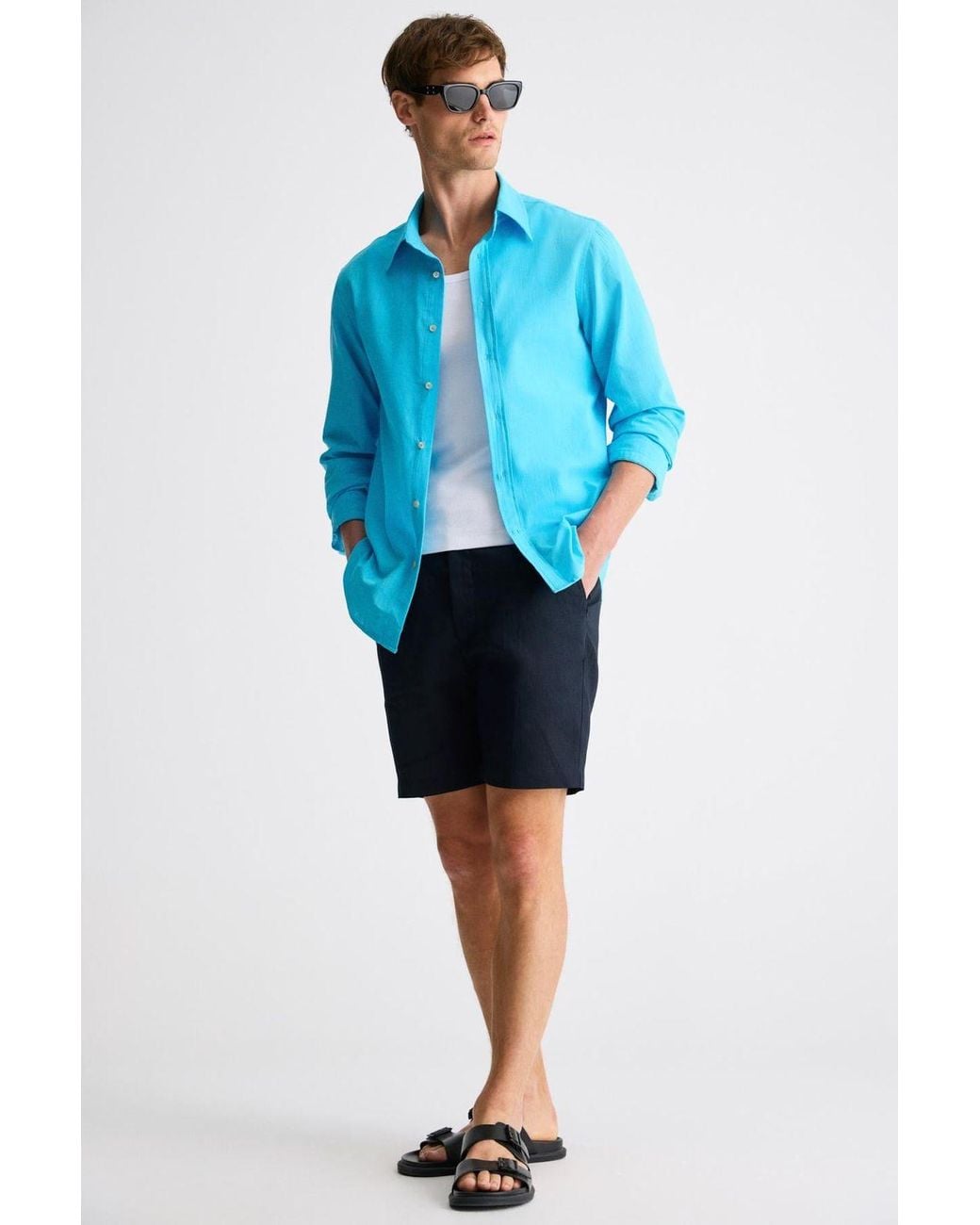 Grimelange Blue Slim Fit Button Collar Shirt for men