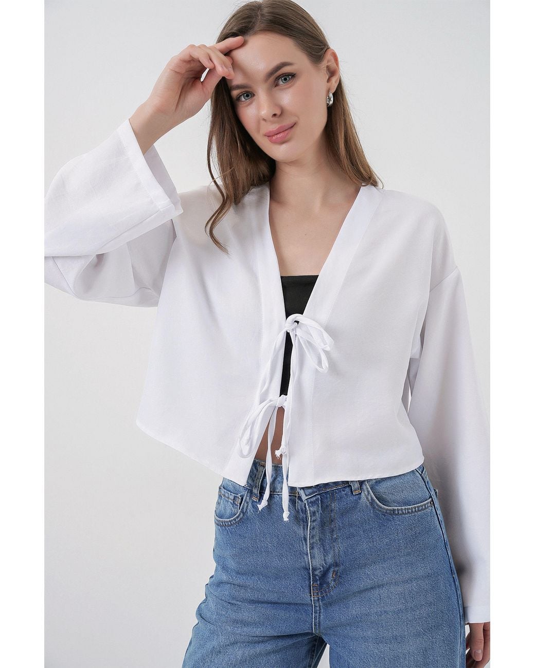 Bigdart White Viscose Blend V-Neck Long Sleeve Kimono With Binding Detail