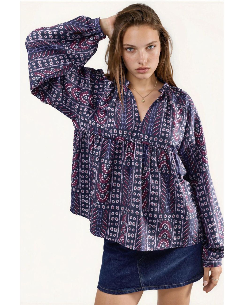 Hiccup Blue Balloon Sleeve Patterned Blouse