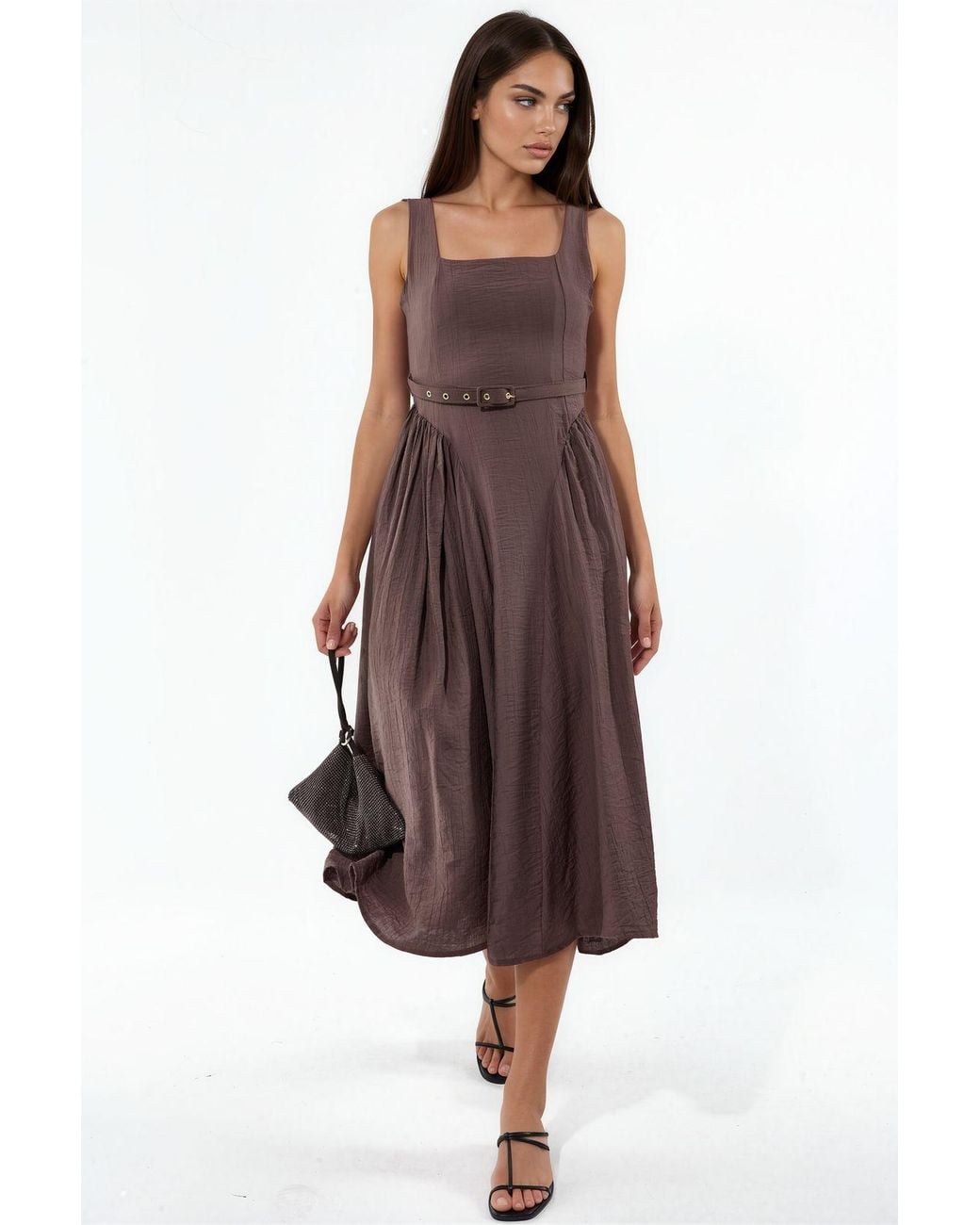Busem Brown Square Collar Belted Midi Dress