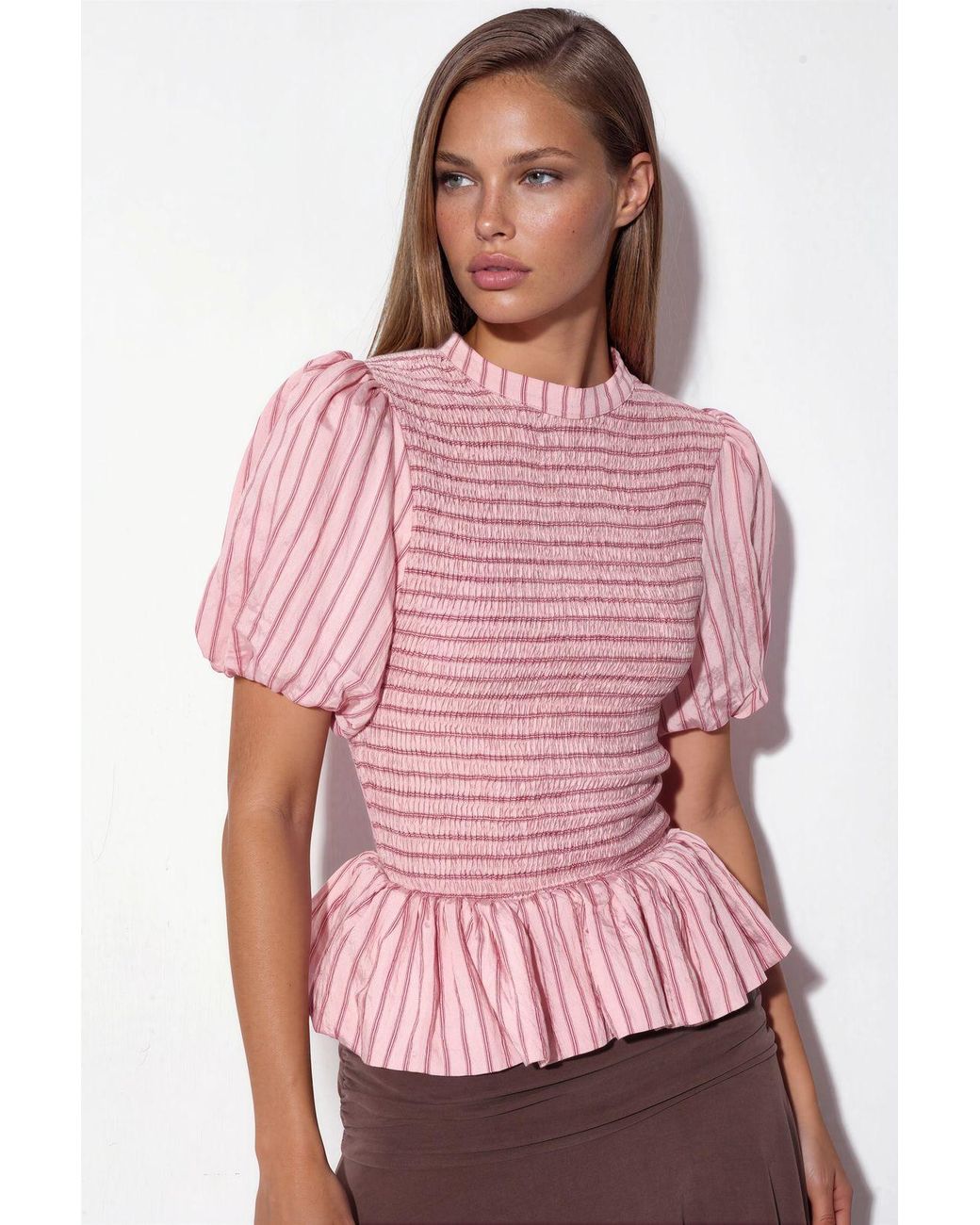 Busem Pink Striped Textured Frill Blouse