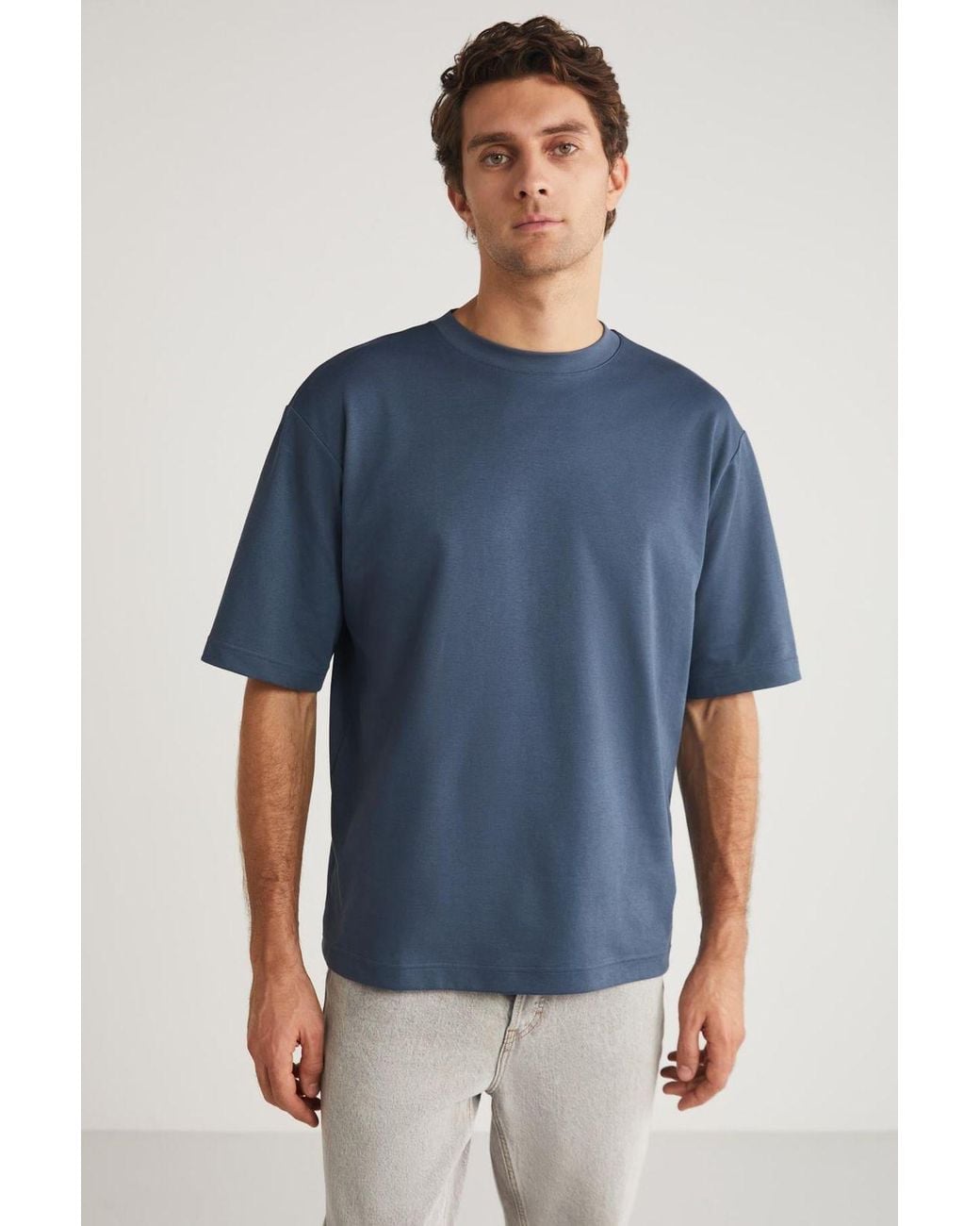 Grimelange Blue Oversized Crew Neck T-Shirt for men
