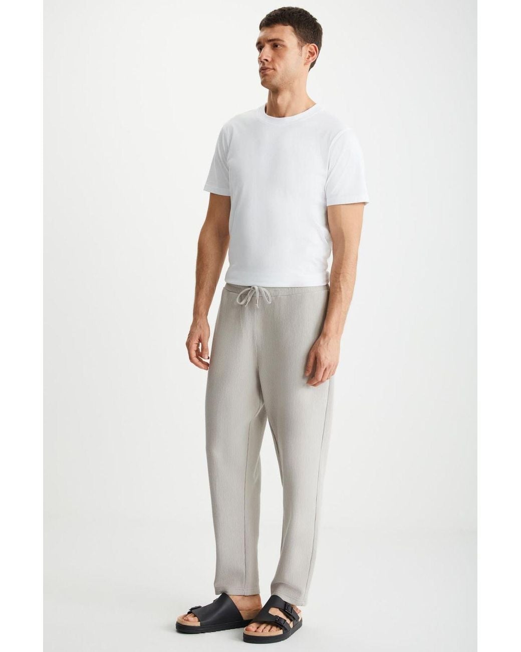 Grimelange White Elastic Waist Drawstring Joggers for men