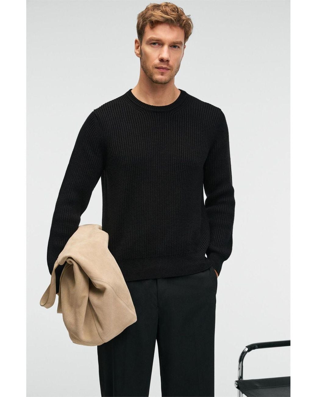 Grimelange Black Crew Neck Ribbed Fine Knit Jumper for men