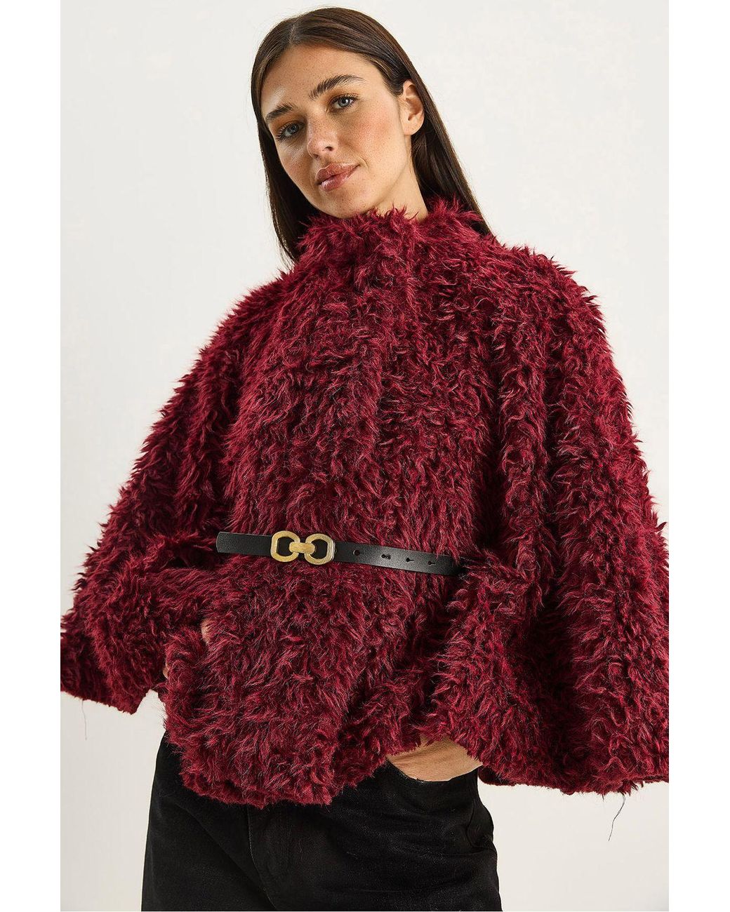 Bianco Lucci Red Oversize Plush Coat With Jacket Collar