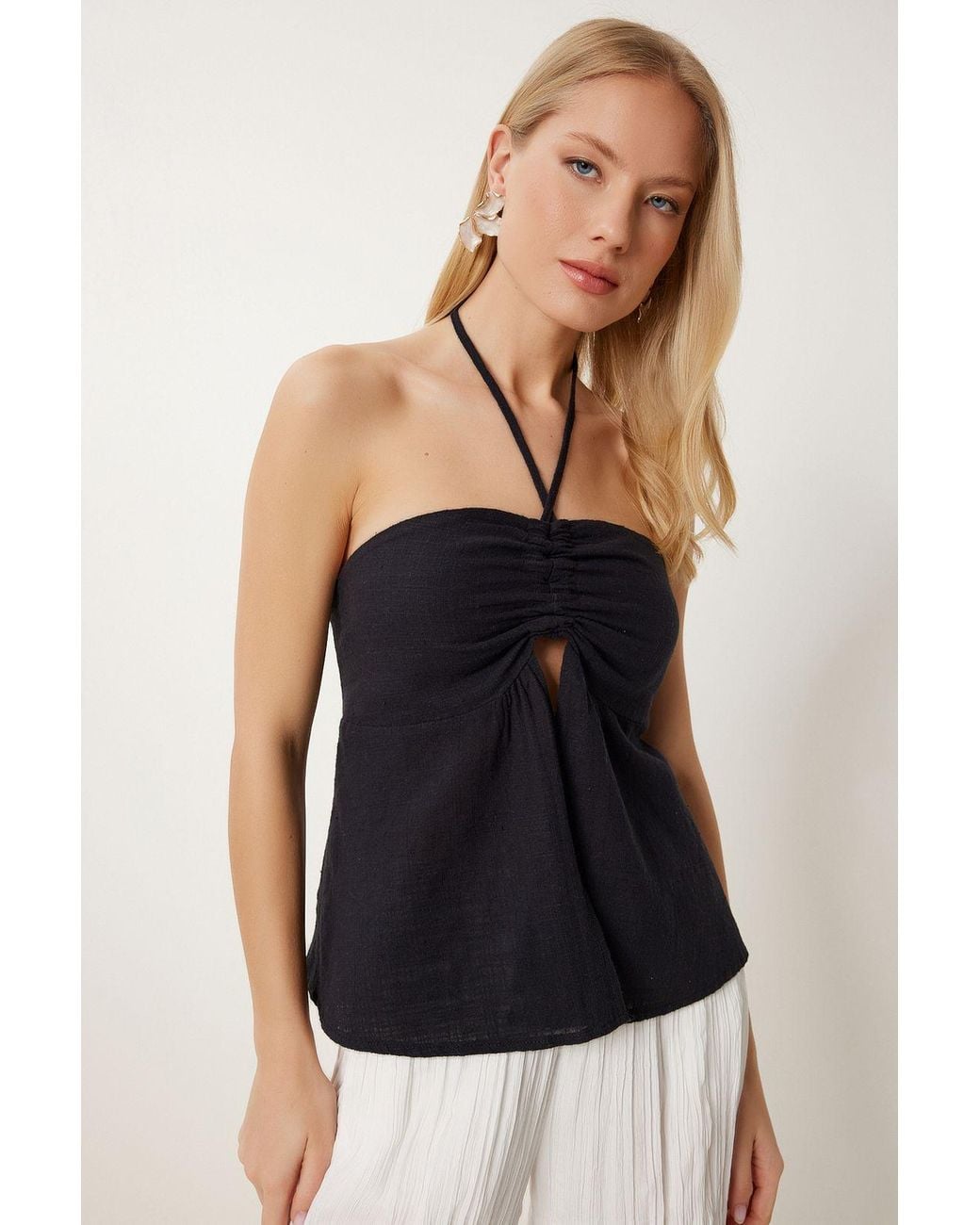Happiness İstanbul Black Cotton Off-Shoulder Halter Blouse
