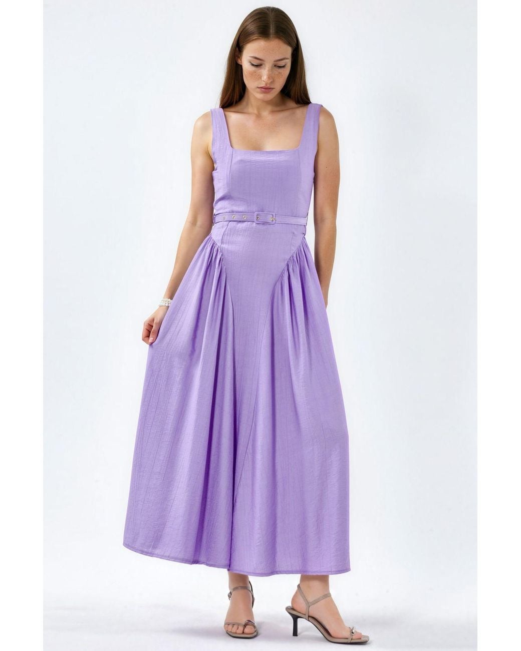 Busem Purple Square Collar Belted Midi Dress