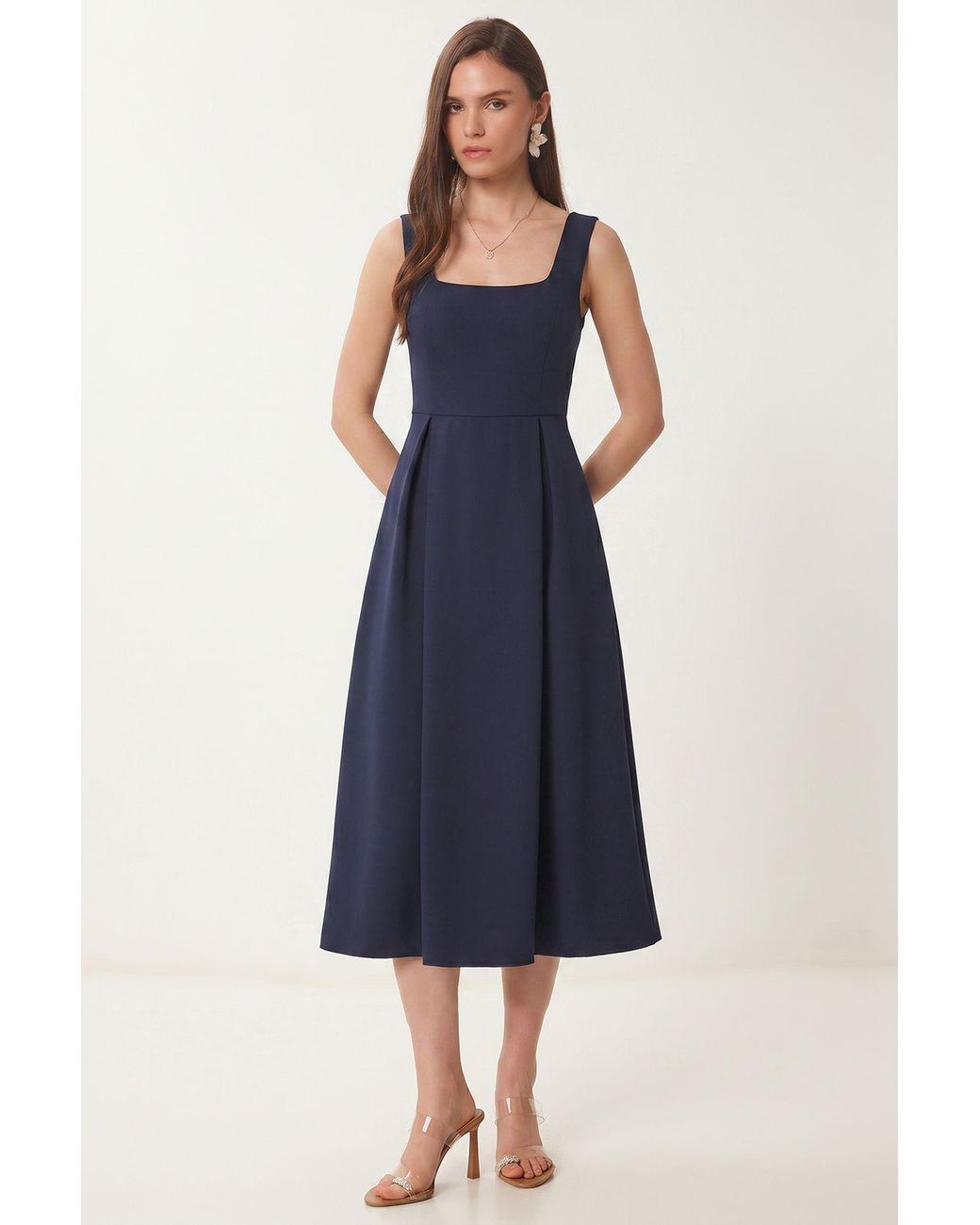 Happiness İstanbul Blue Square Collar A-Form Midi Dress With Zipper Closure