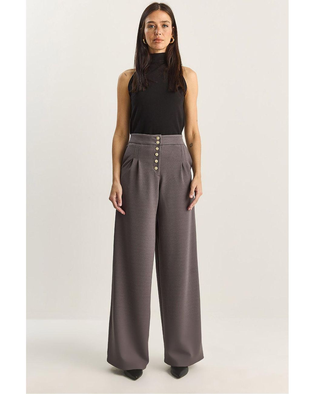 Bianco Lucci Gray High Waist Wide Leg Palazzo Pants