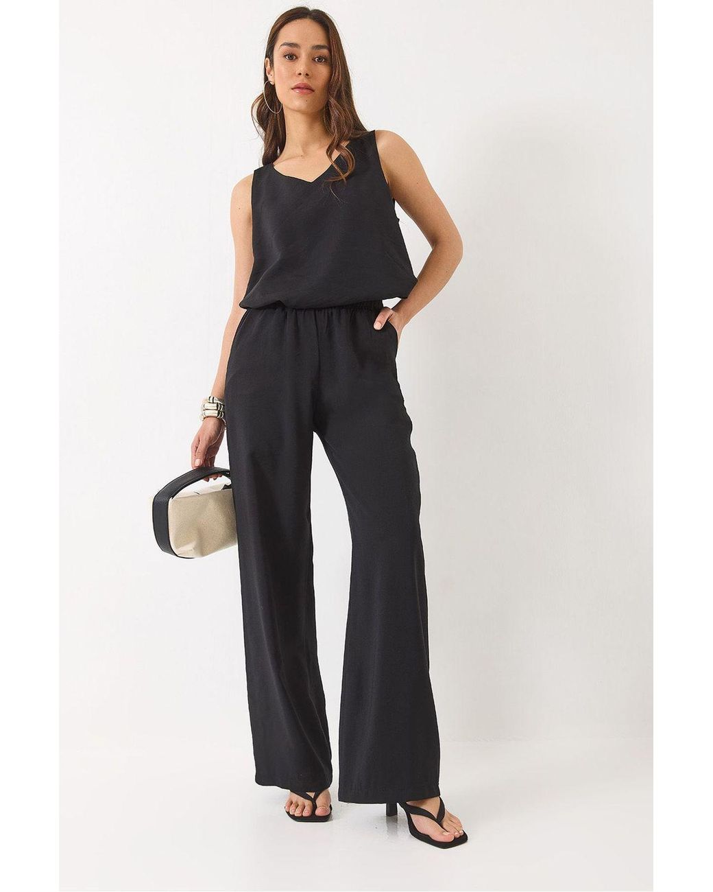 Bianco Lucci Blue V-Neck Cotton Blouse-Pants Two-Piece Set