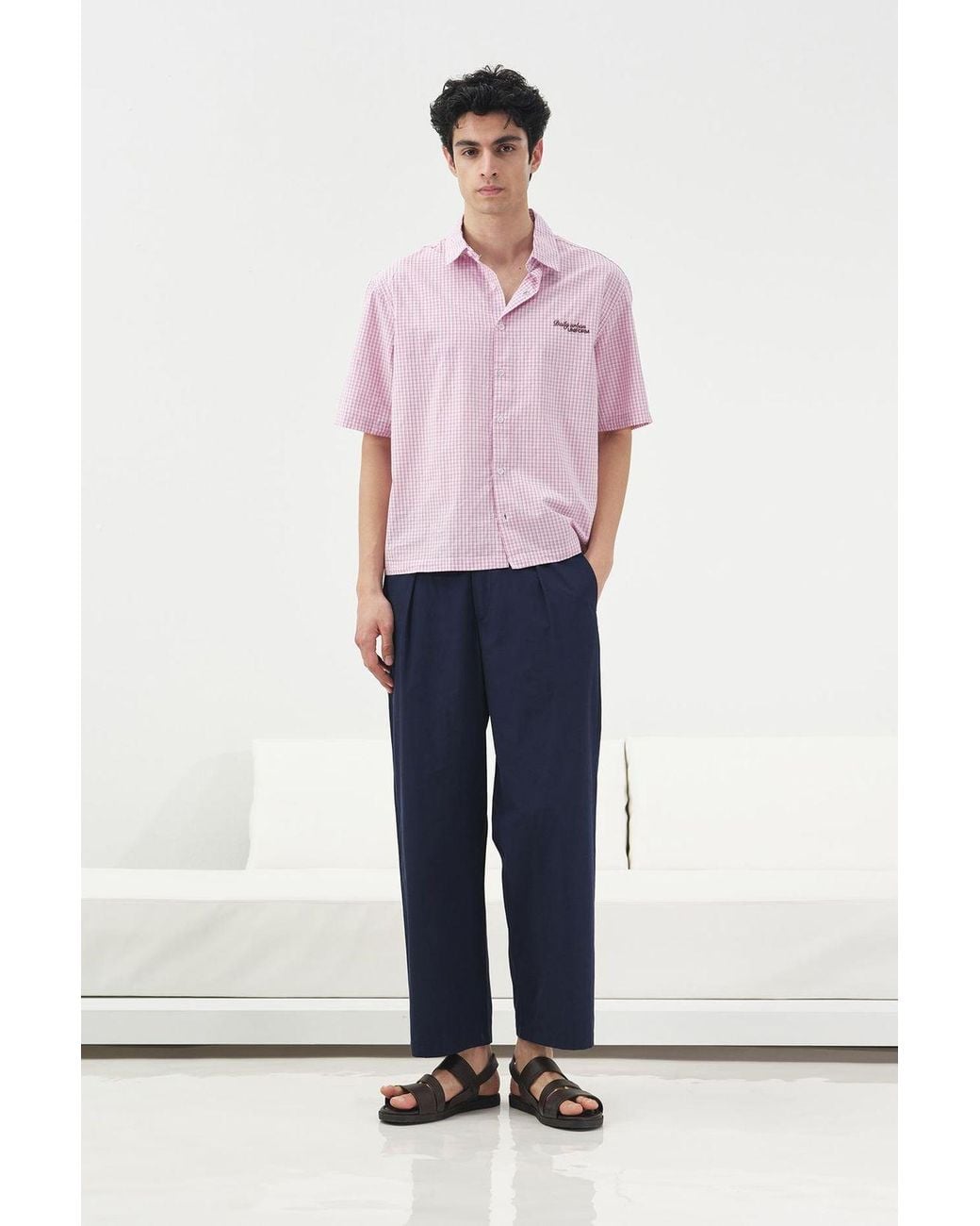 Giesto Pink Gingham Cotton Poplin Short Sleeve Shirt for men