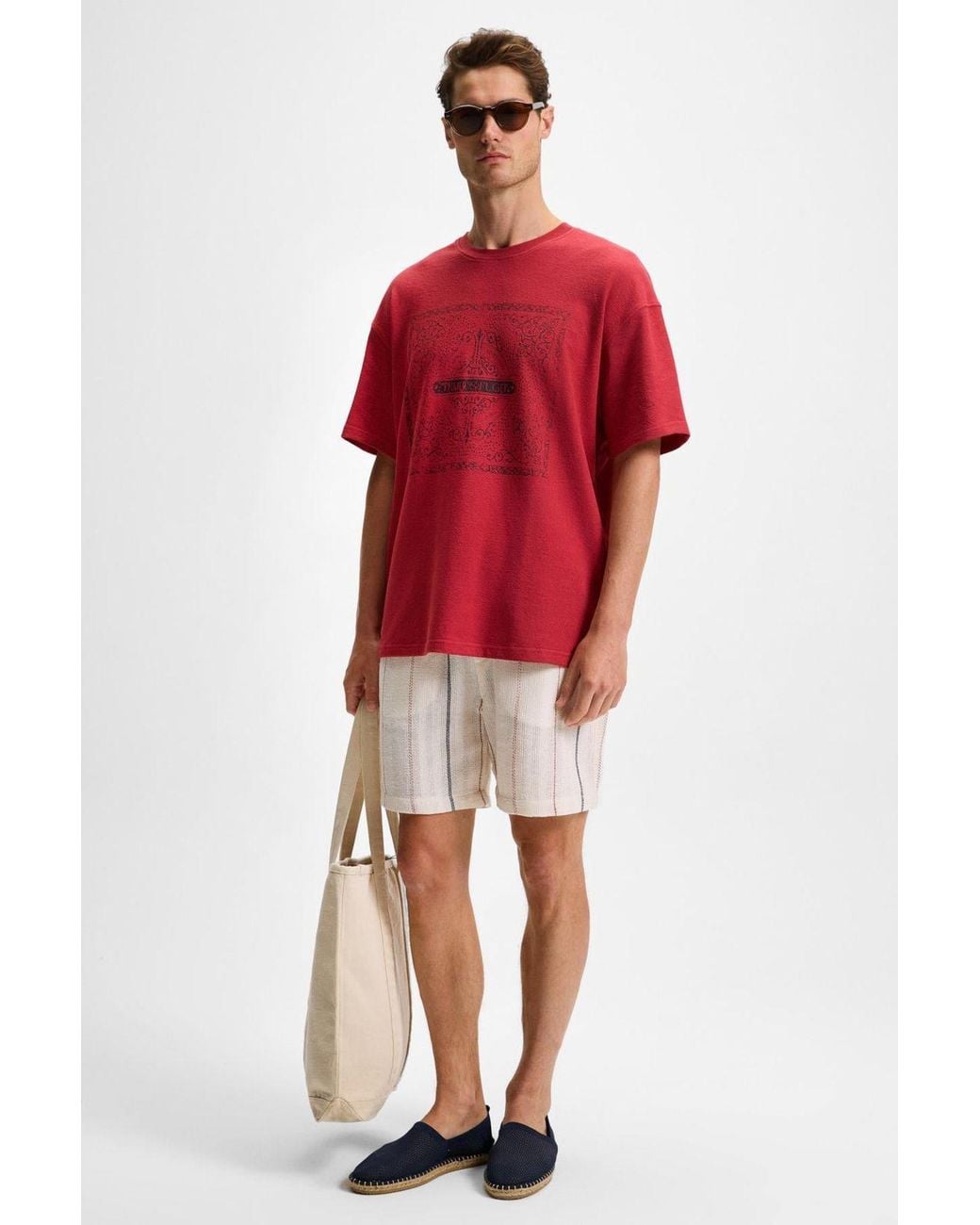 Grimelange Red Oversized Printed Crew Neck T-Shirt for men