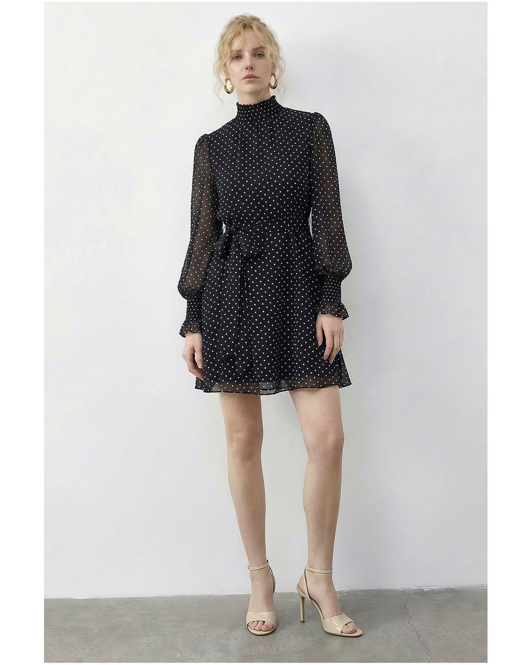 Bianco Lucci Black Polka Dot Half Turtleneck Mini Dress With Belt