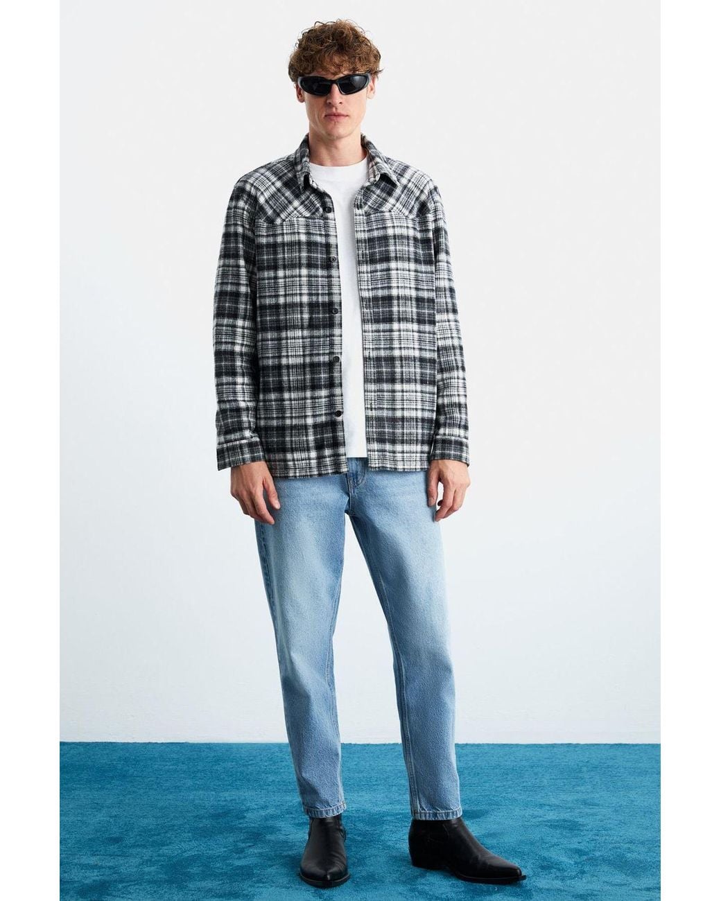 Grimelange Gray Relaxed Plaid Long Sleeve Shirt for men
