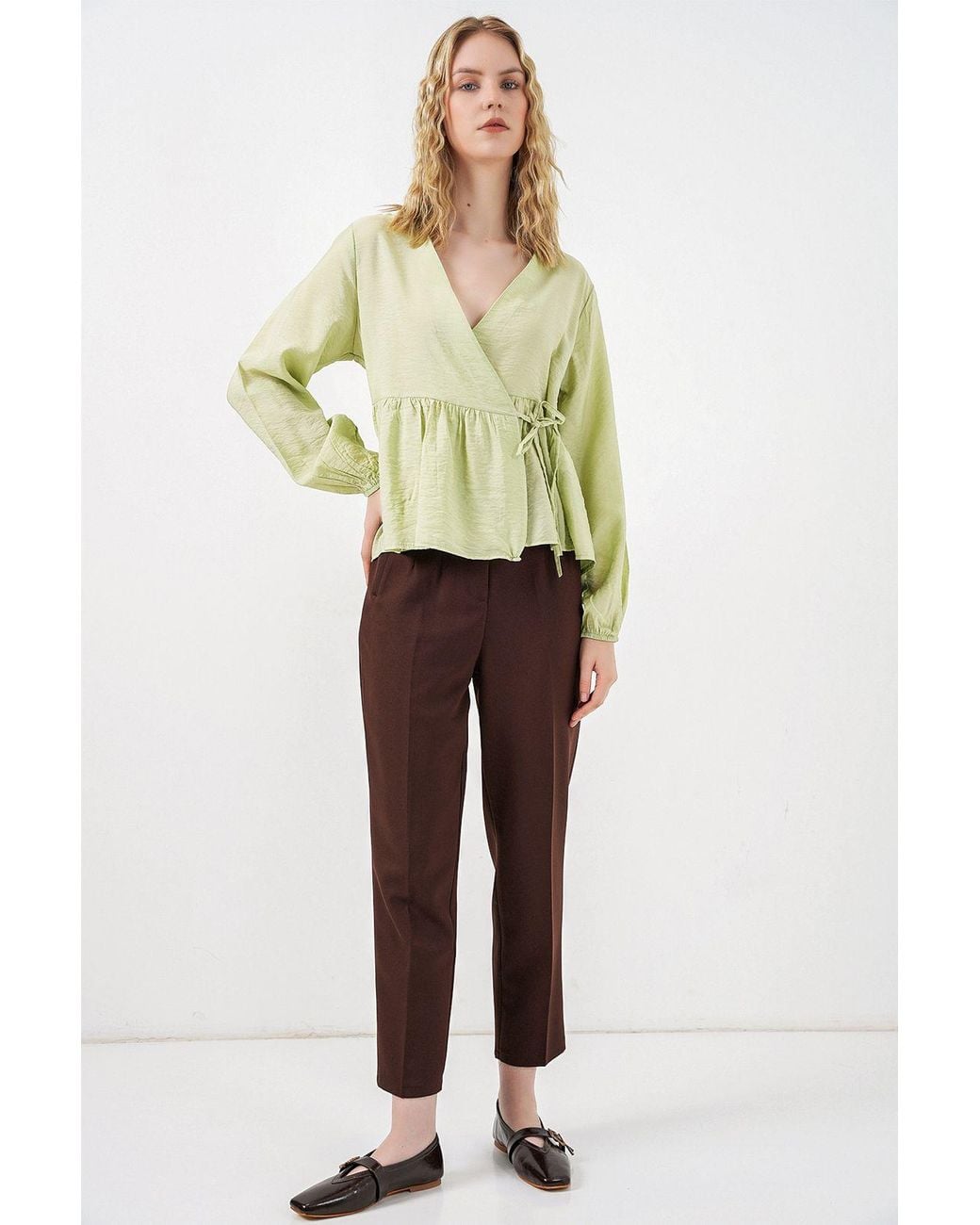 Bigdart Green V-Neck Tie Detail Crepe Wrap Blouse