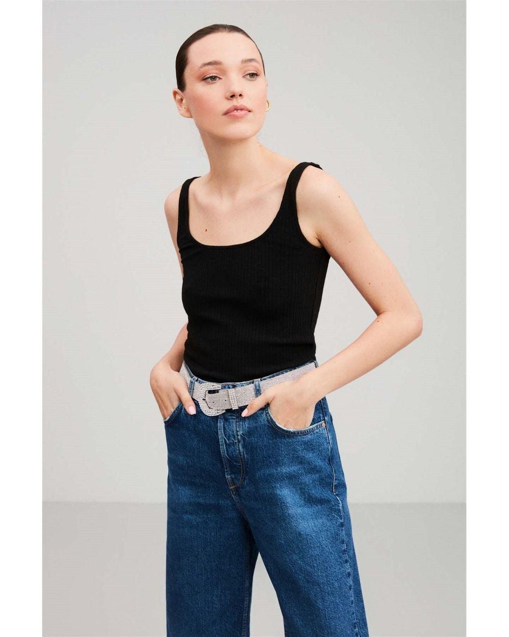 Grimelange Blue Ribbed U-Neck Cami Tank Top
