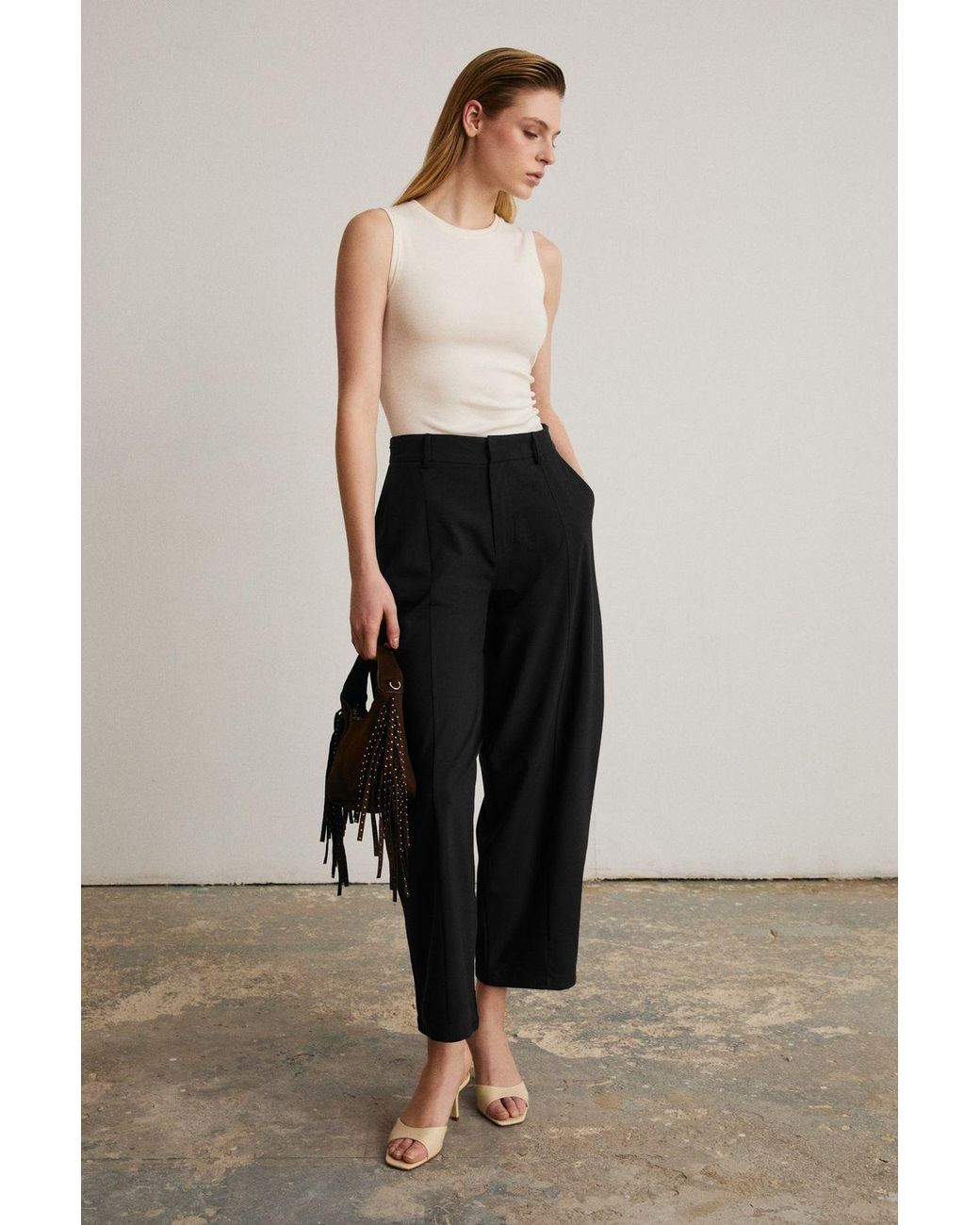 Grimelange Black High Waist Pleated Wide Leg Trousers