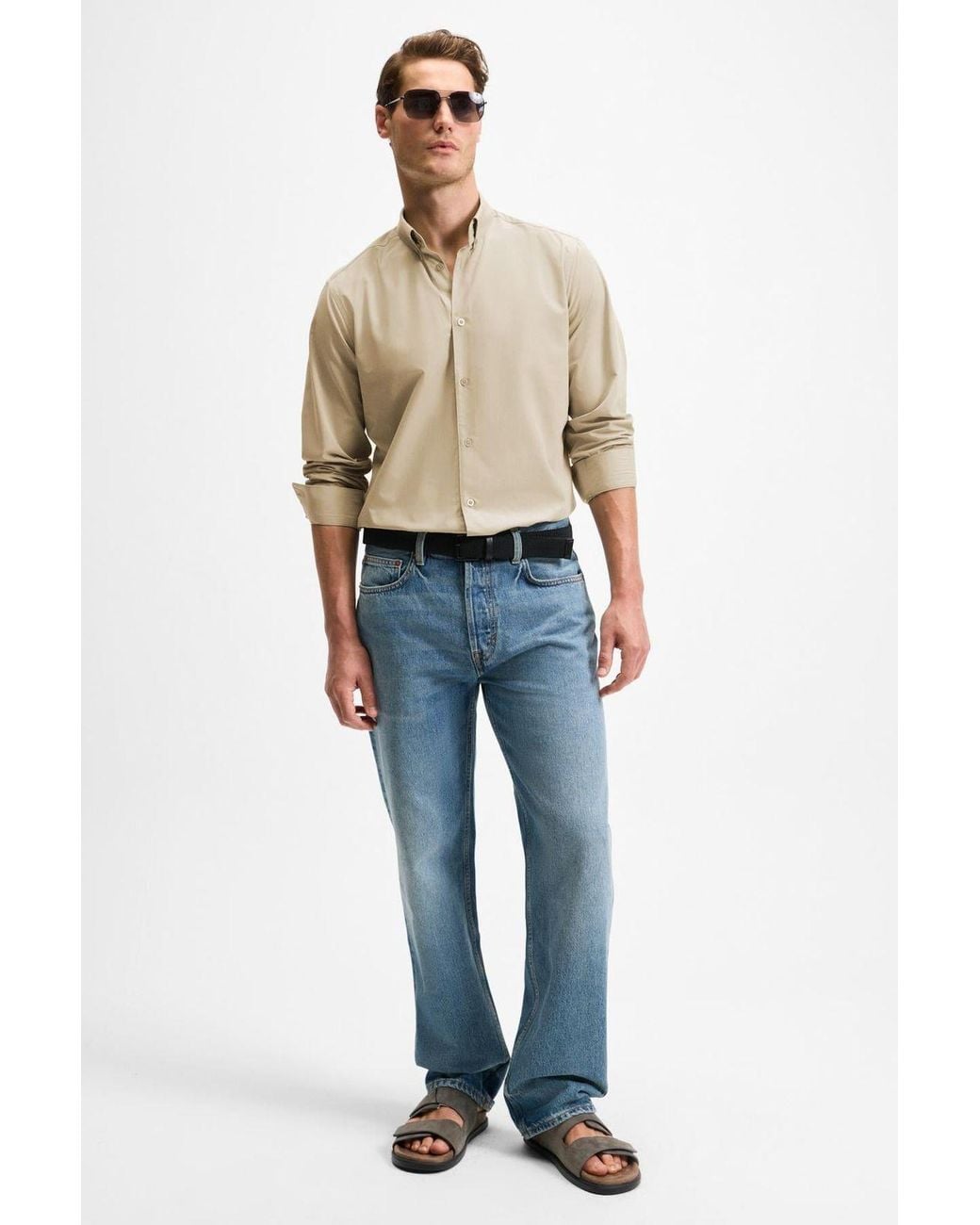 Grimelange Blue Button Collar Poplin Shirt for men