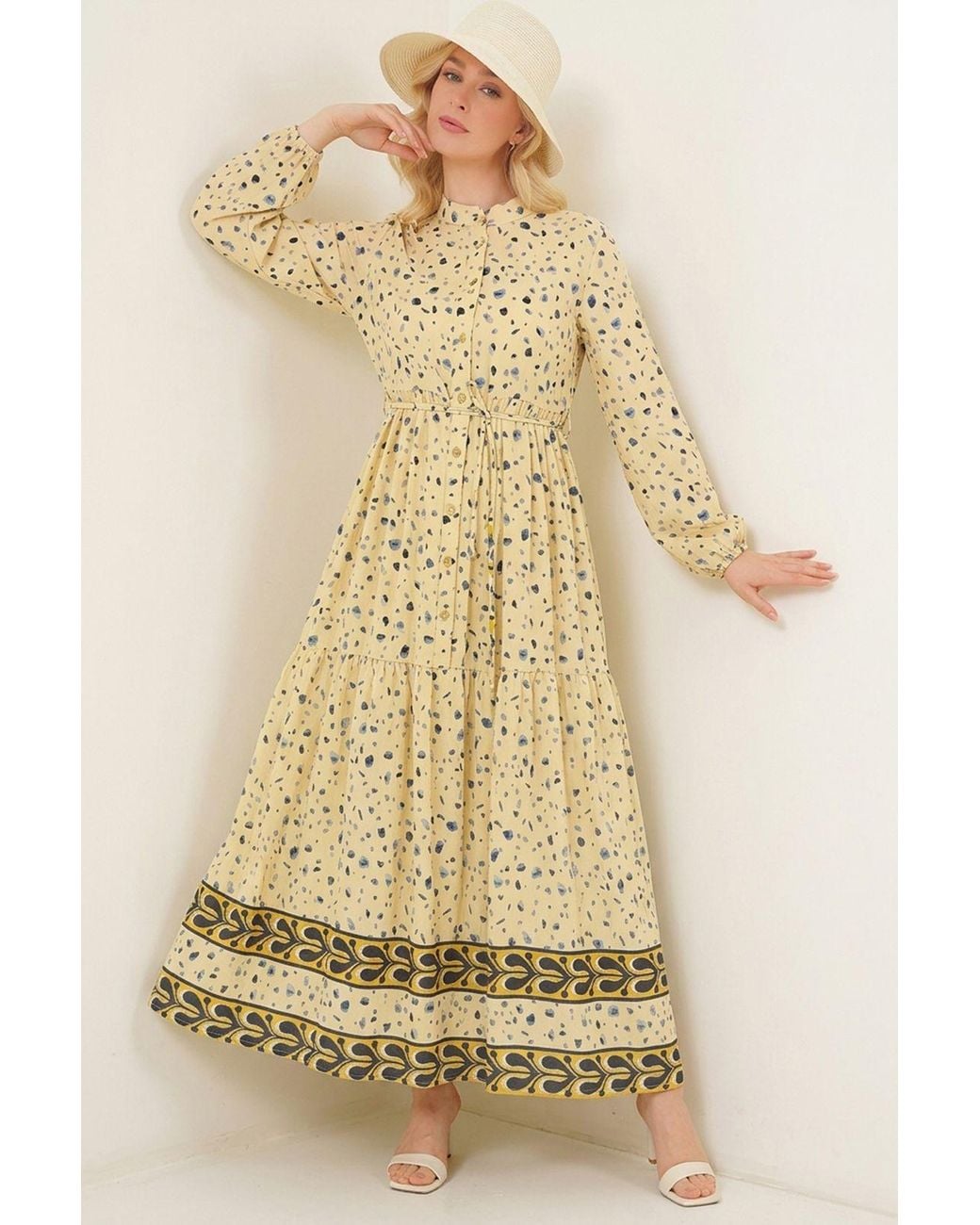 Bigdart Natural Buttoned Crew Neck Maxi Dress With Waistband