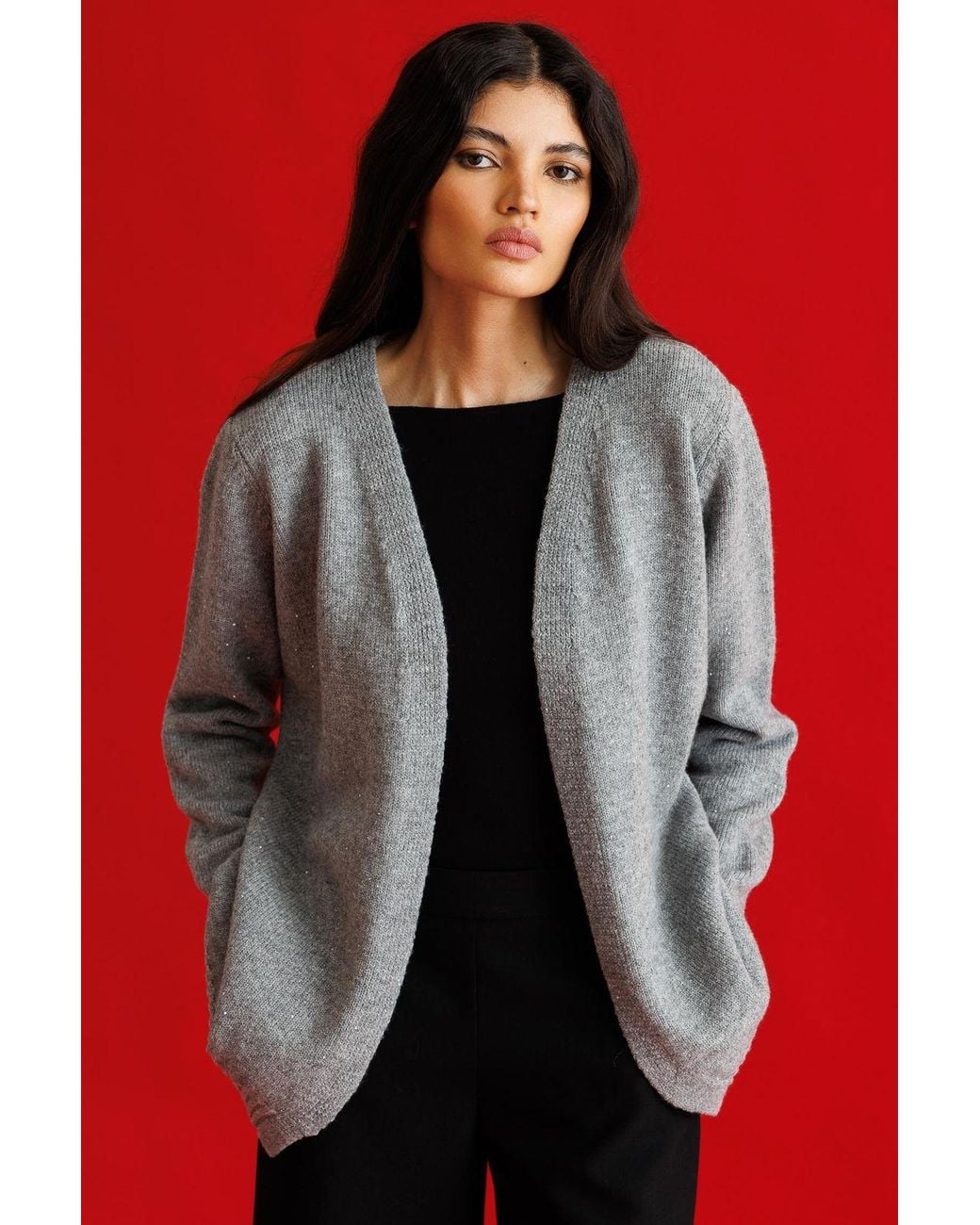 MixRay Red Oversized Ribbed Knitwear Cardigan