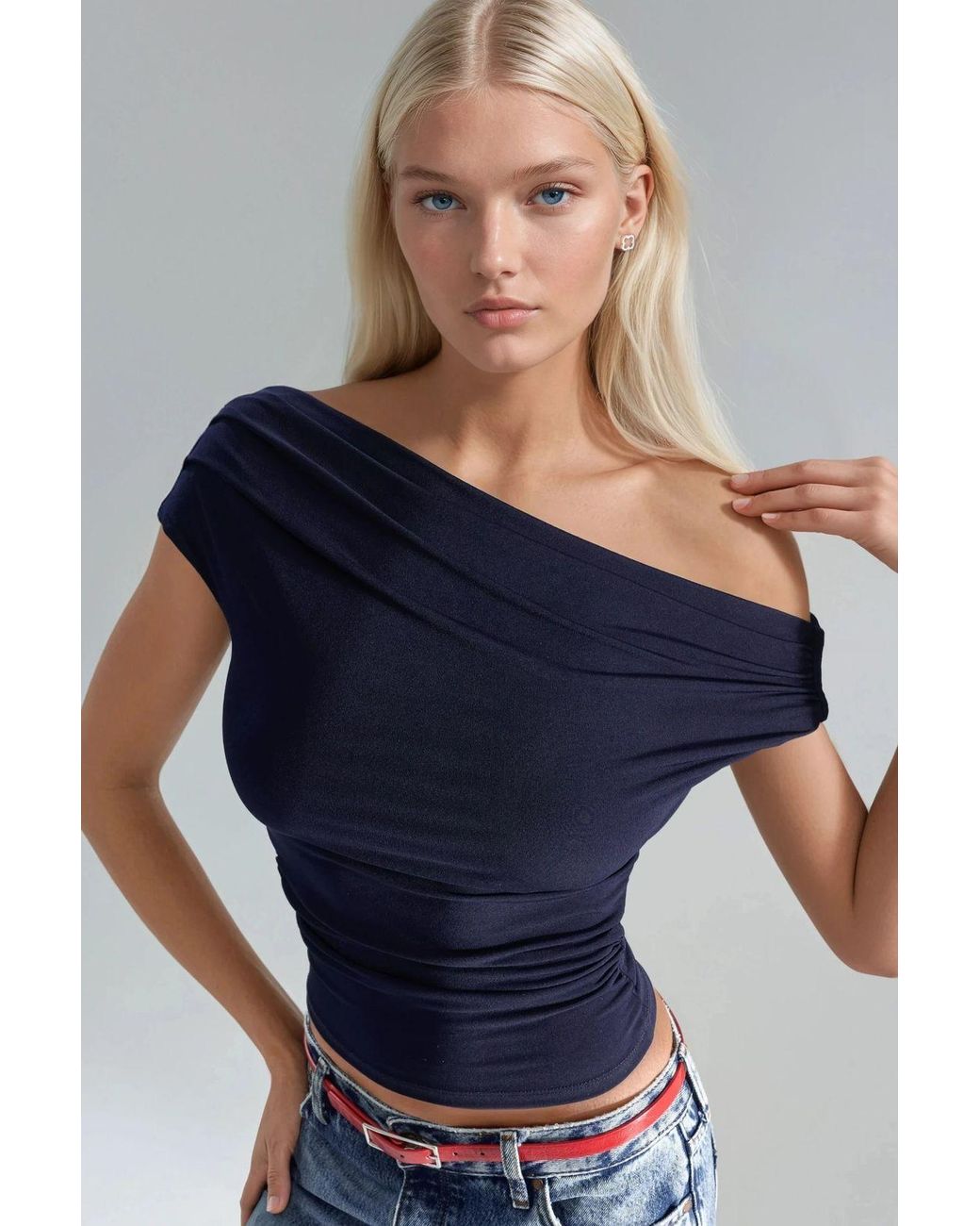 Hiccup Blue Asymmetrical Neck One-Shoulder Sandy Blouse