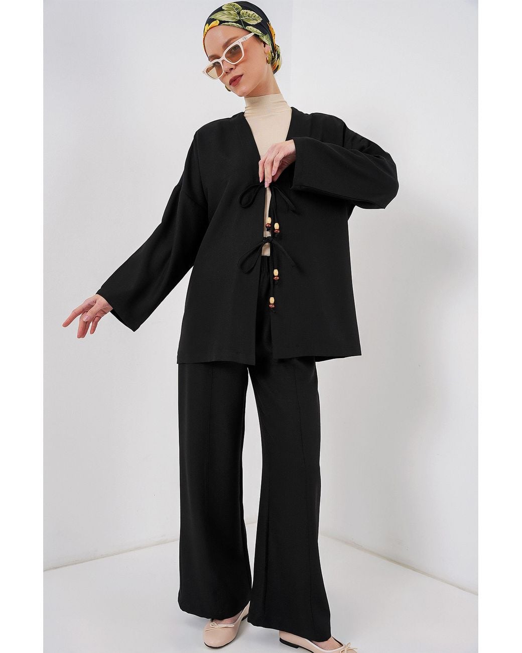 Bigdart Black V-Neck Cardigan And Wide Leg Pants Set