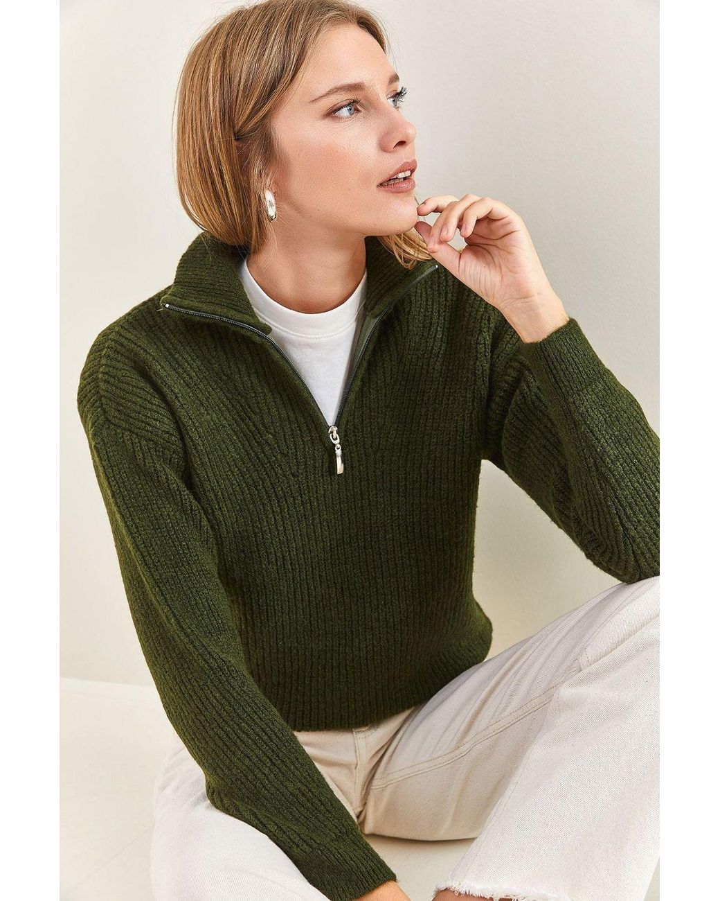 Bianco Lucci Green Oversized Textured Knit Sweater With Zipper Collar