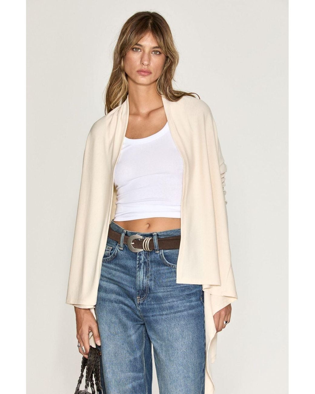 Grimelange Blue Open Front Long Sleeve Cardigan