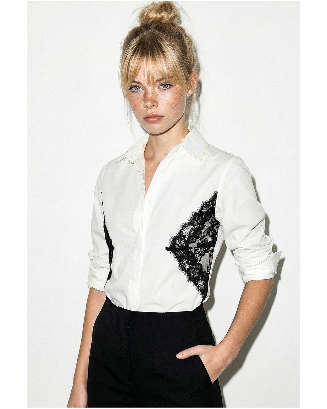 Bianco Lucci White Lace Detail Button-Up Shirt