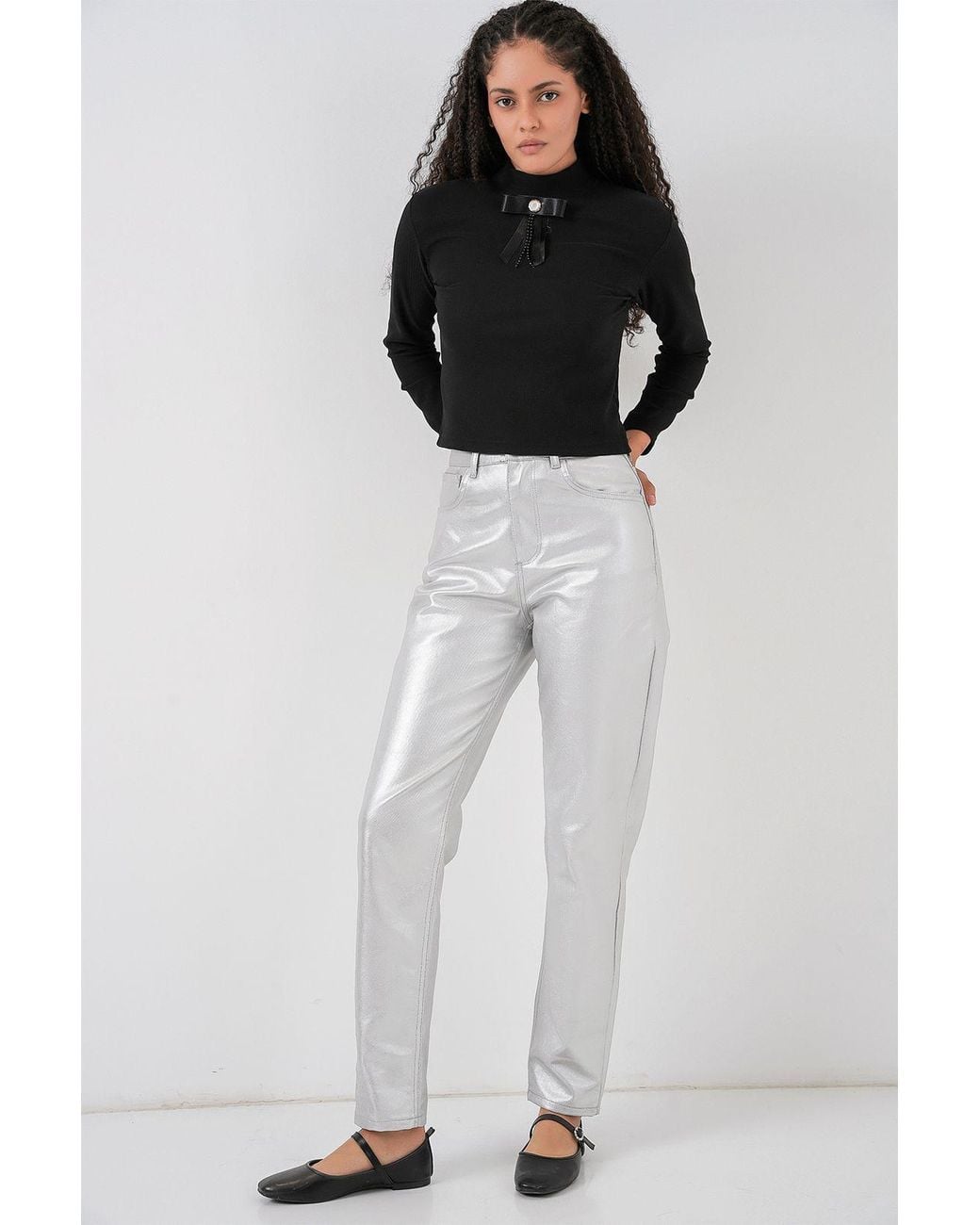 Bigdart Metallic High Waist Straight Leg Denim Pants