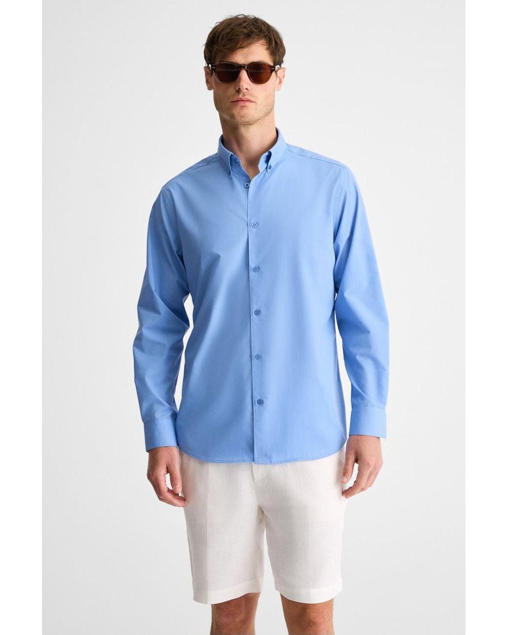 Grimelange Blue Button Collar Poplin Shirt for men