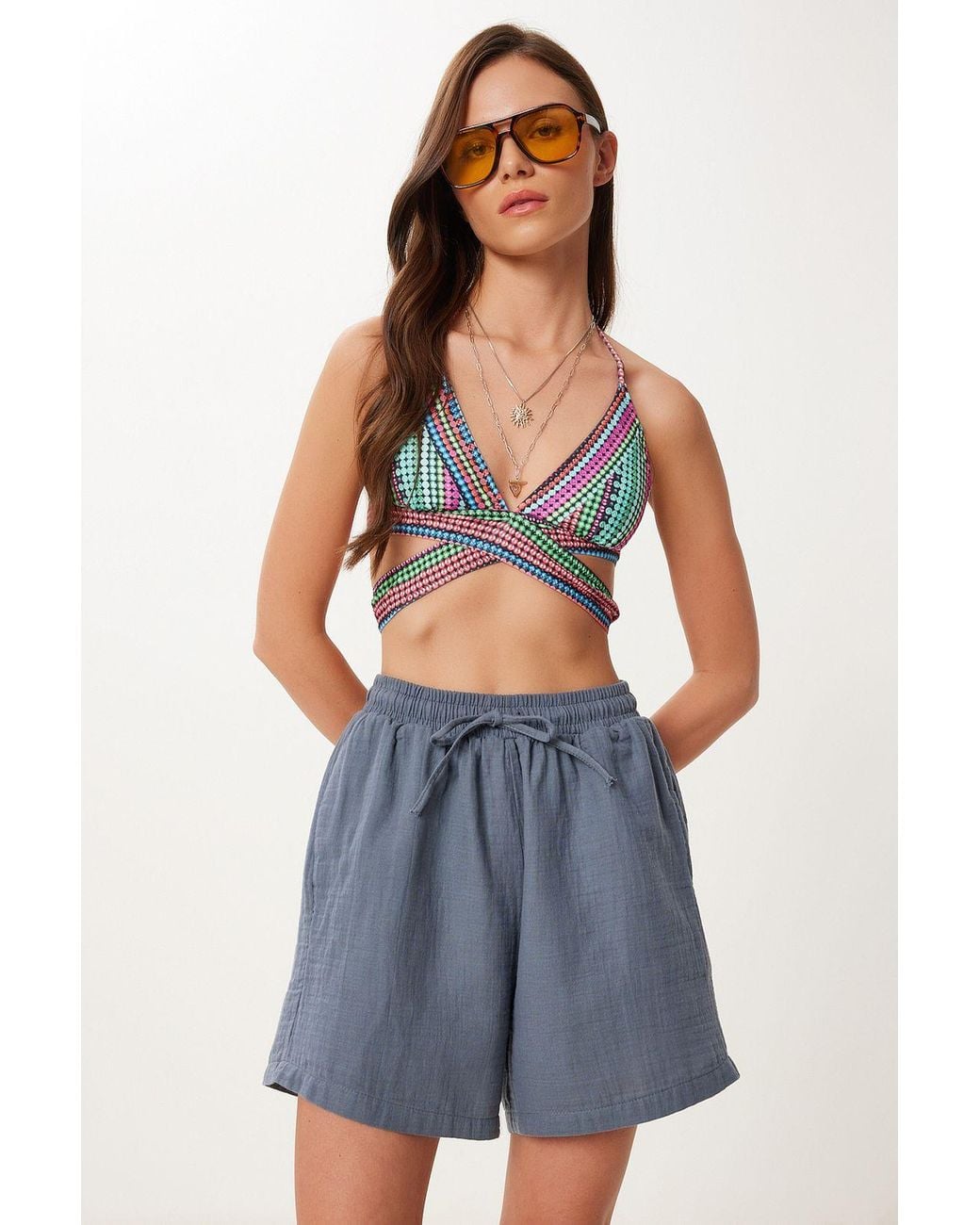Happiness İstanbul Blue High Waist Wide Leg Cotton Shorts
