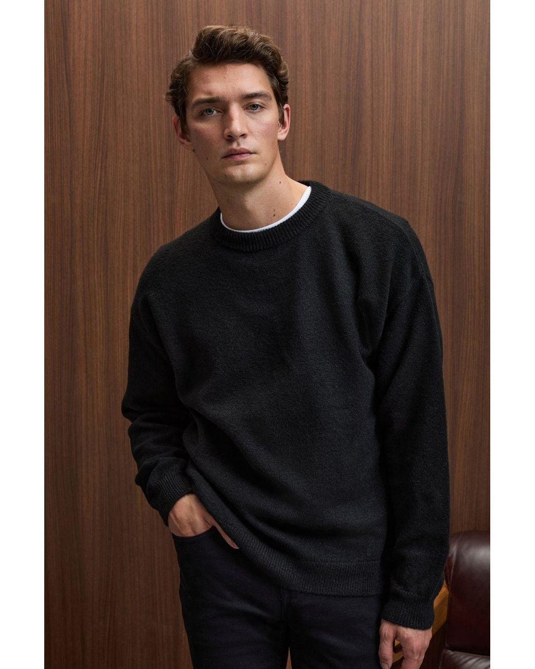 Grimelange Brown Ribbed Crew Neck Jumper for men