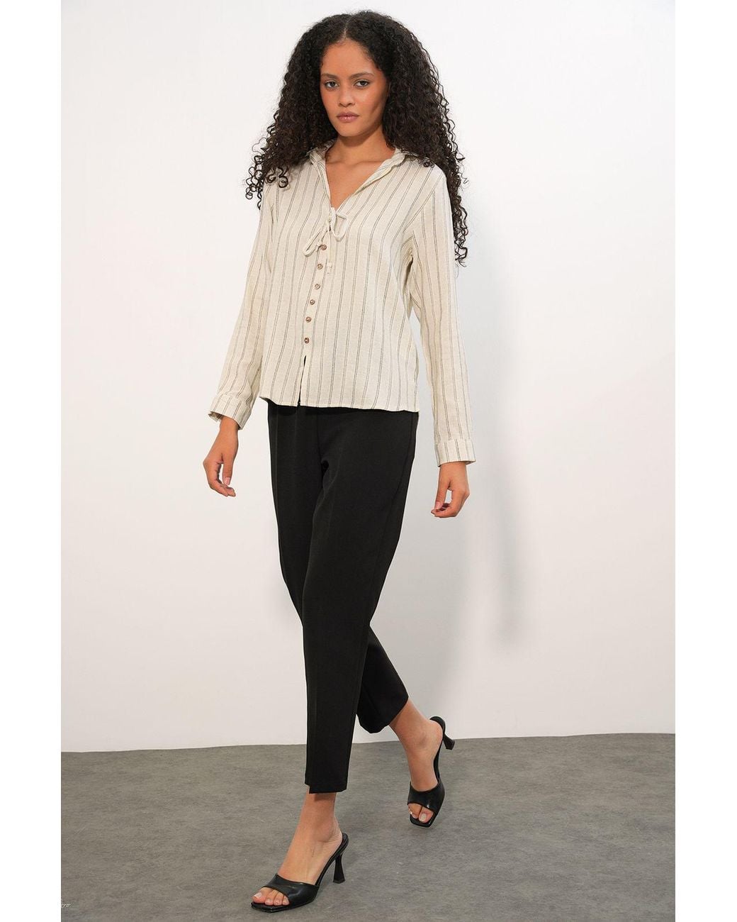 Bigdart Natural Striped Linen Blend Shirt With Tie Detail
