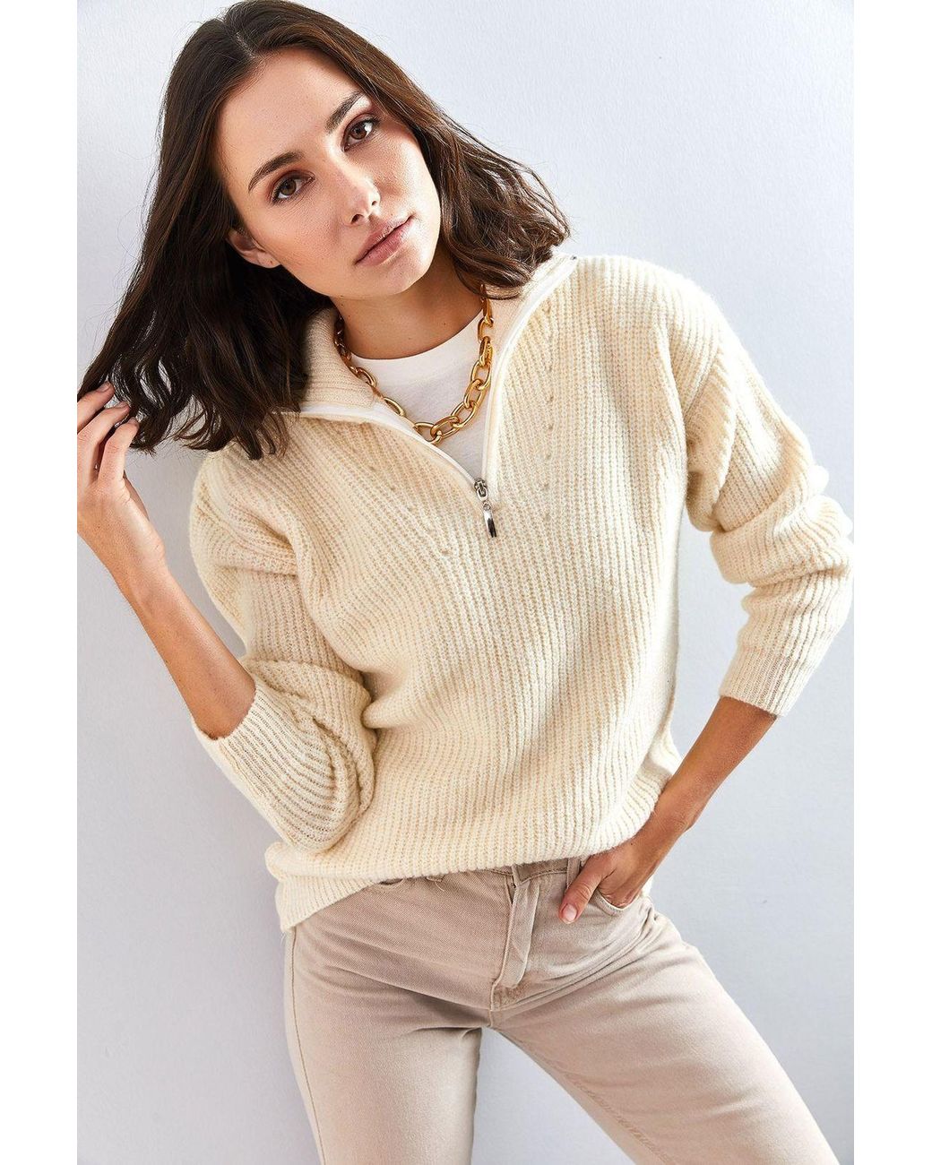 Bianco Lucci Natural Oversized Textured Knit Sweater With Zipper Collar