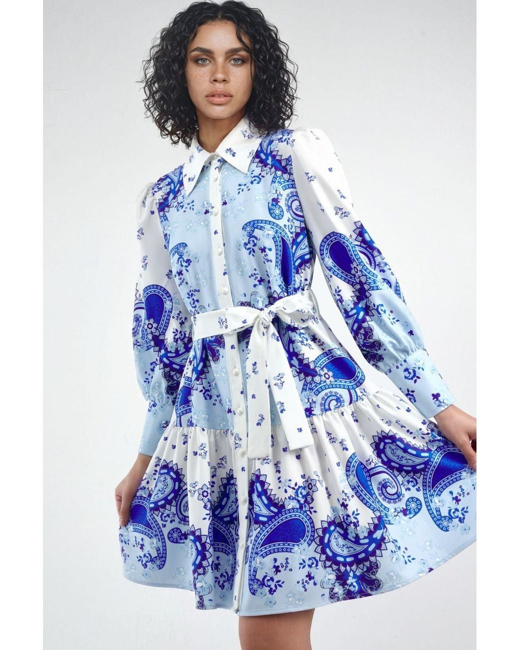 Msn-Collection Blue Patterned A-Line Mini Dress