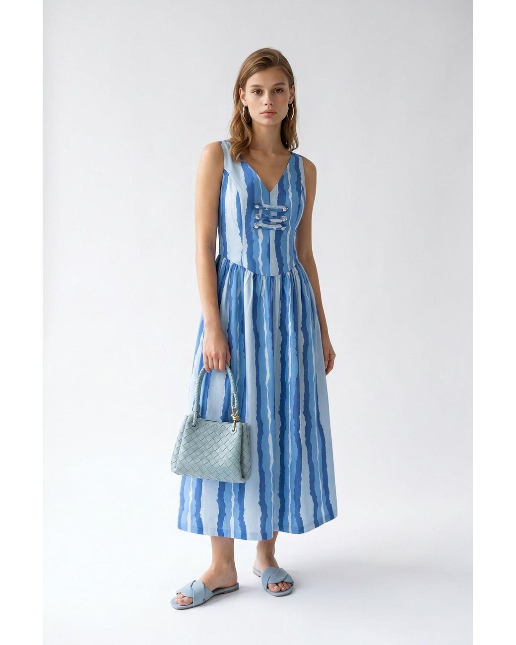 MixRay Blue Striped A-Line Midi Dress With Tie Detail