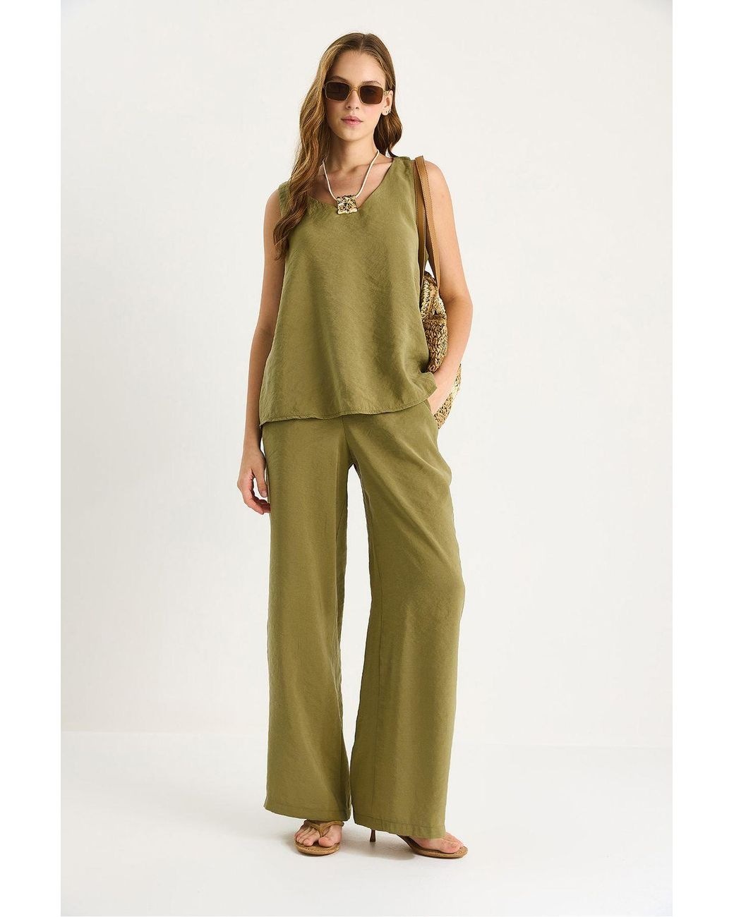 Bianco Lucci Multicolor V-Neck Cotton Blouse-Pants Two-Piece Set