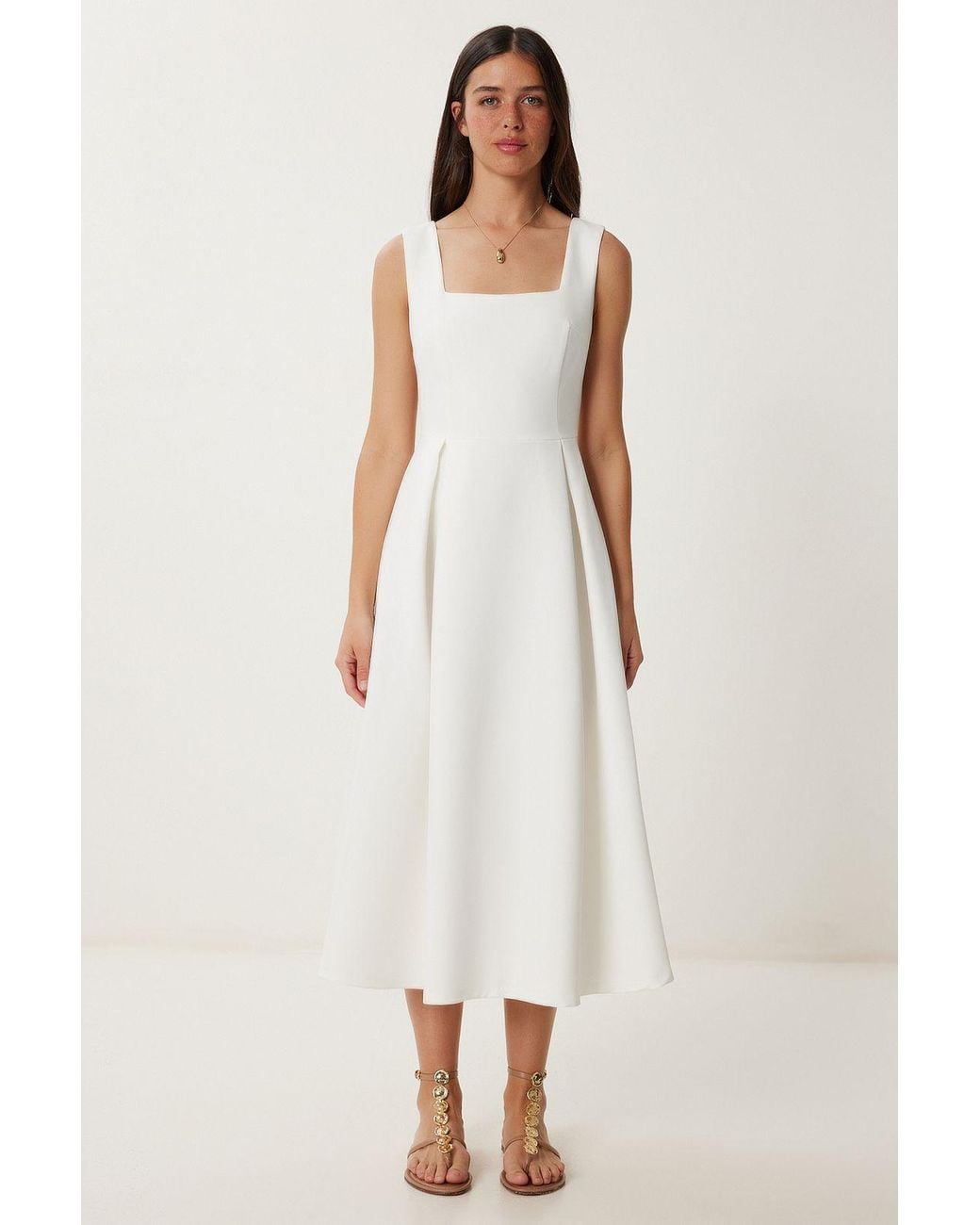 Happiness İstanbul White Square Collar A-Form Midi Dress With Zipper Closure