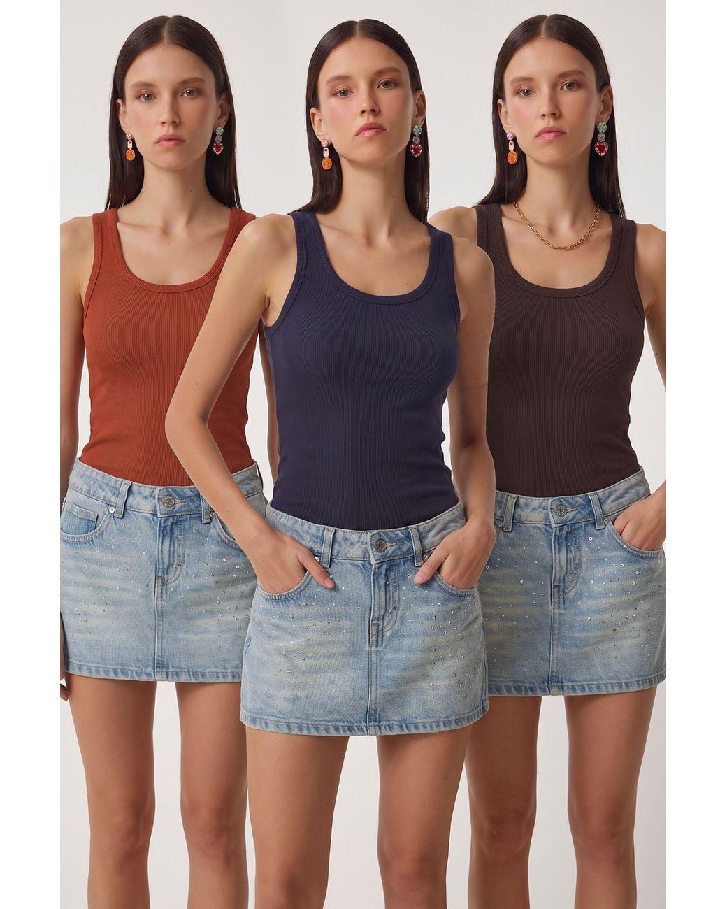 Happiness İstanbul Blue 3-Pack Ribbed Cotton Cami Tops