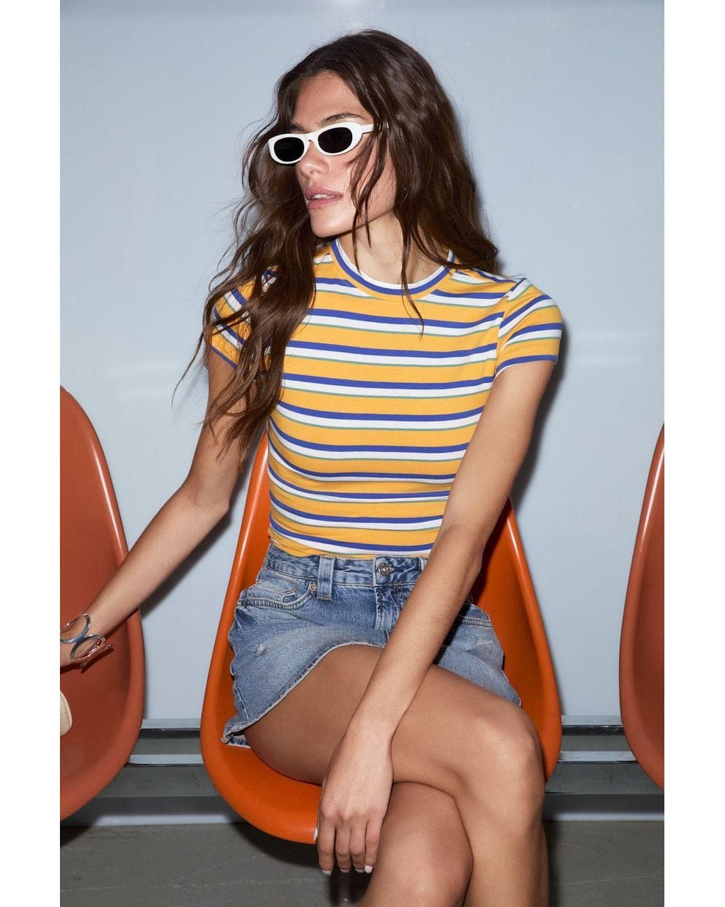 Grimelange Blue Slim Fit Crop Crew Neck T-Shirt
