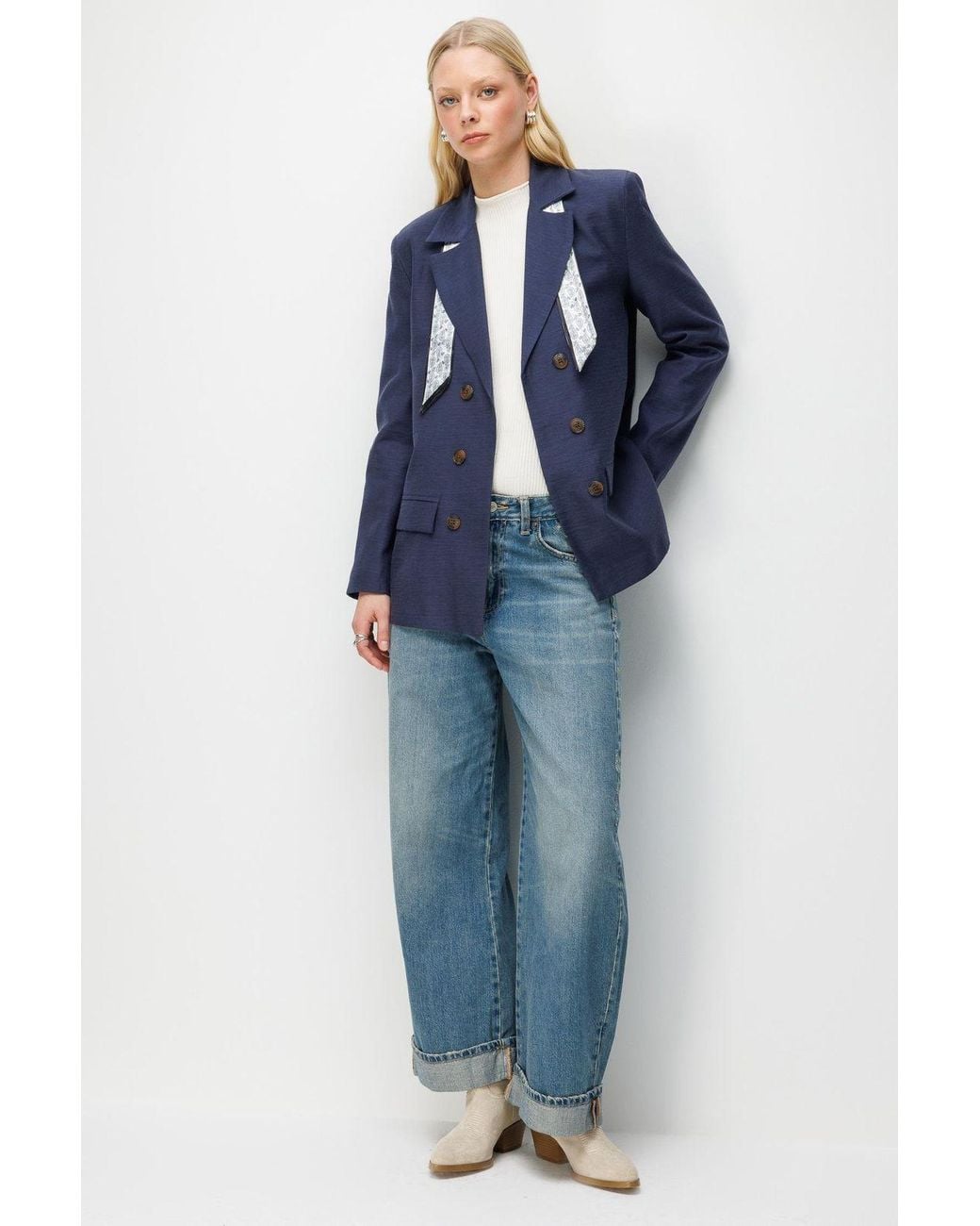 MixRay Blue Linen Blazer Jacket With Scarf Detail