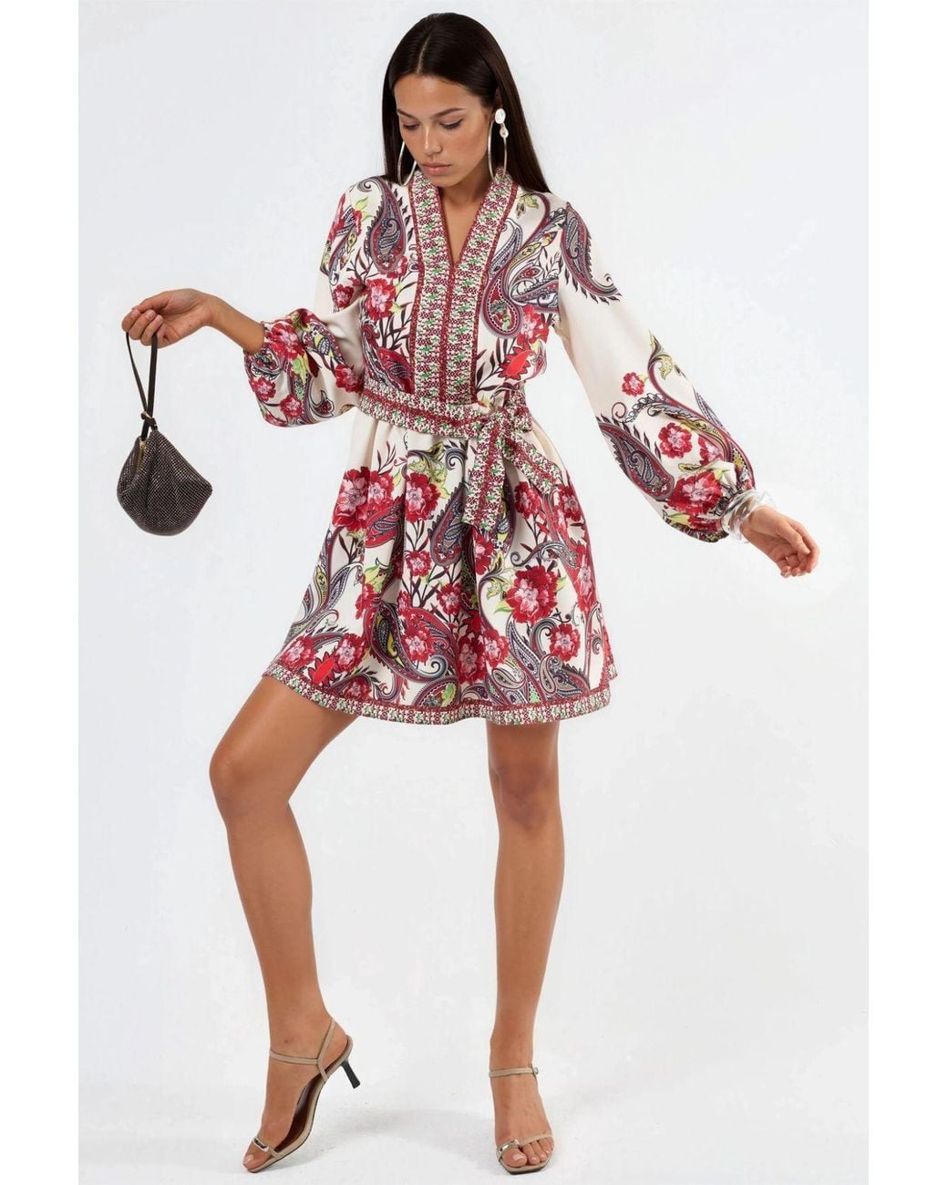 Msn-Collection Red Patterned A-Line Mini Dress