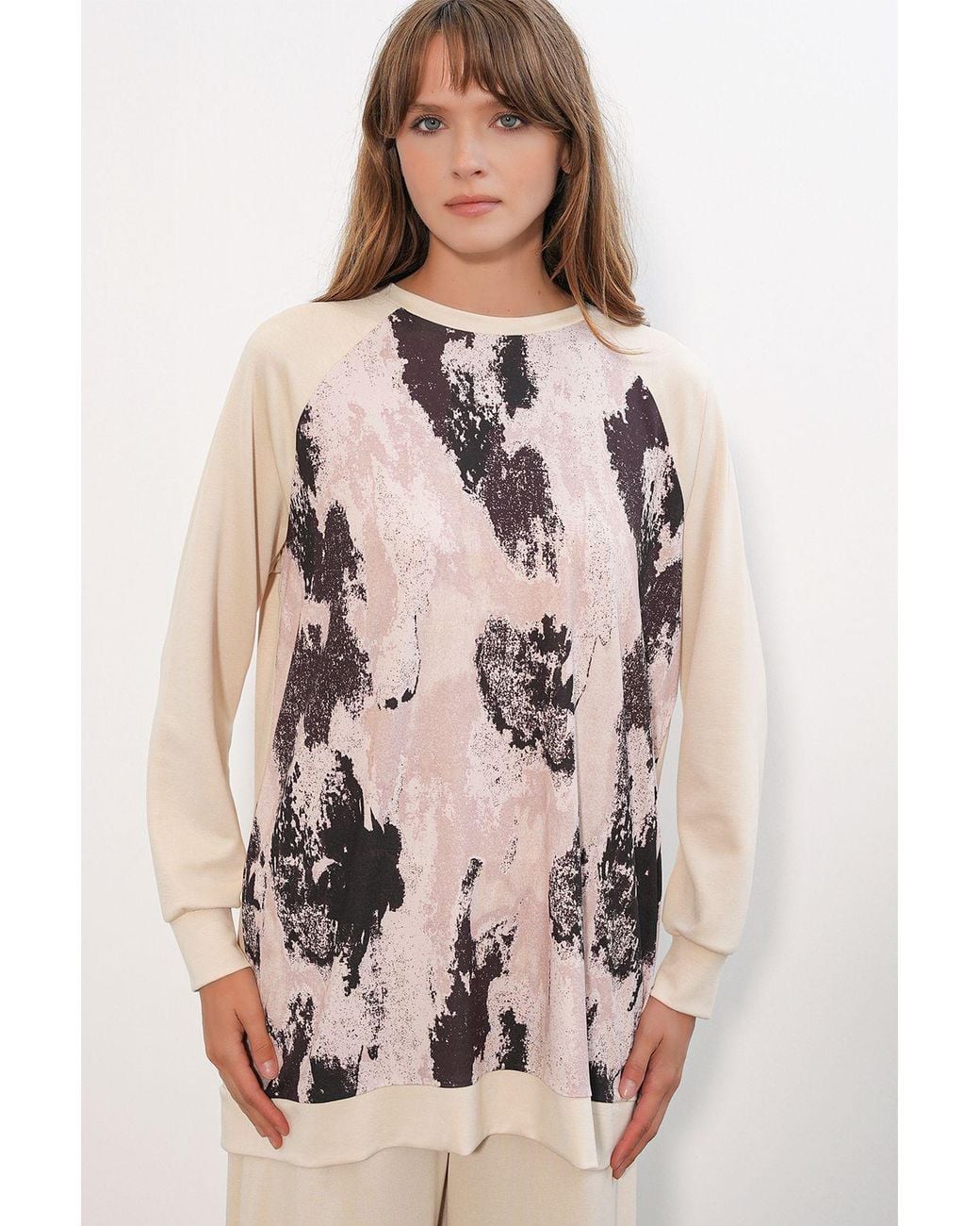 Bigdart Natural Oversize Abstract Print Crew Neck Tunic & Pants Set