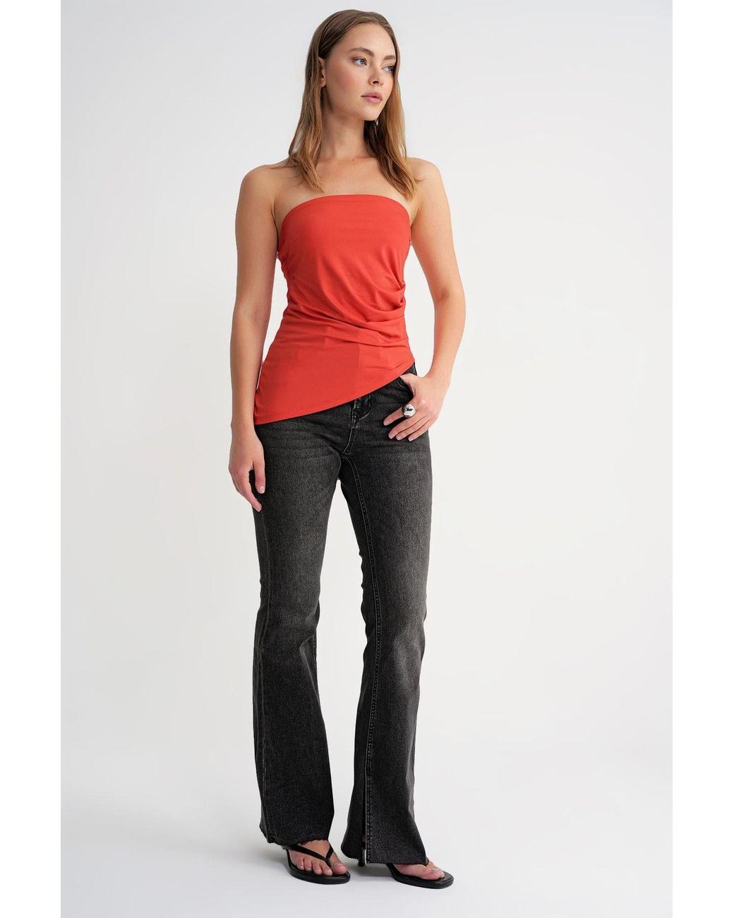 MixRay Red Strapless Draped Blouse