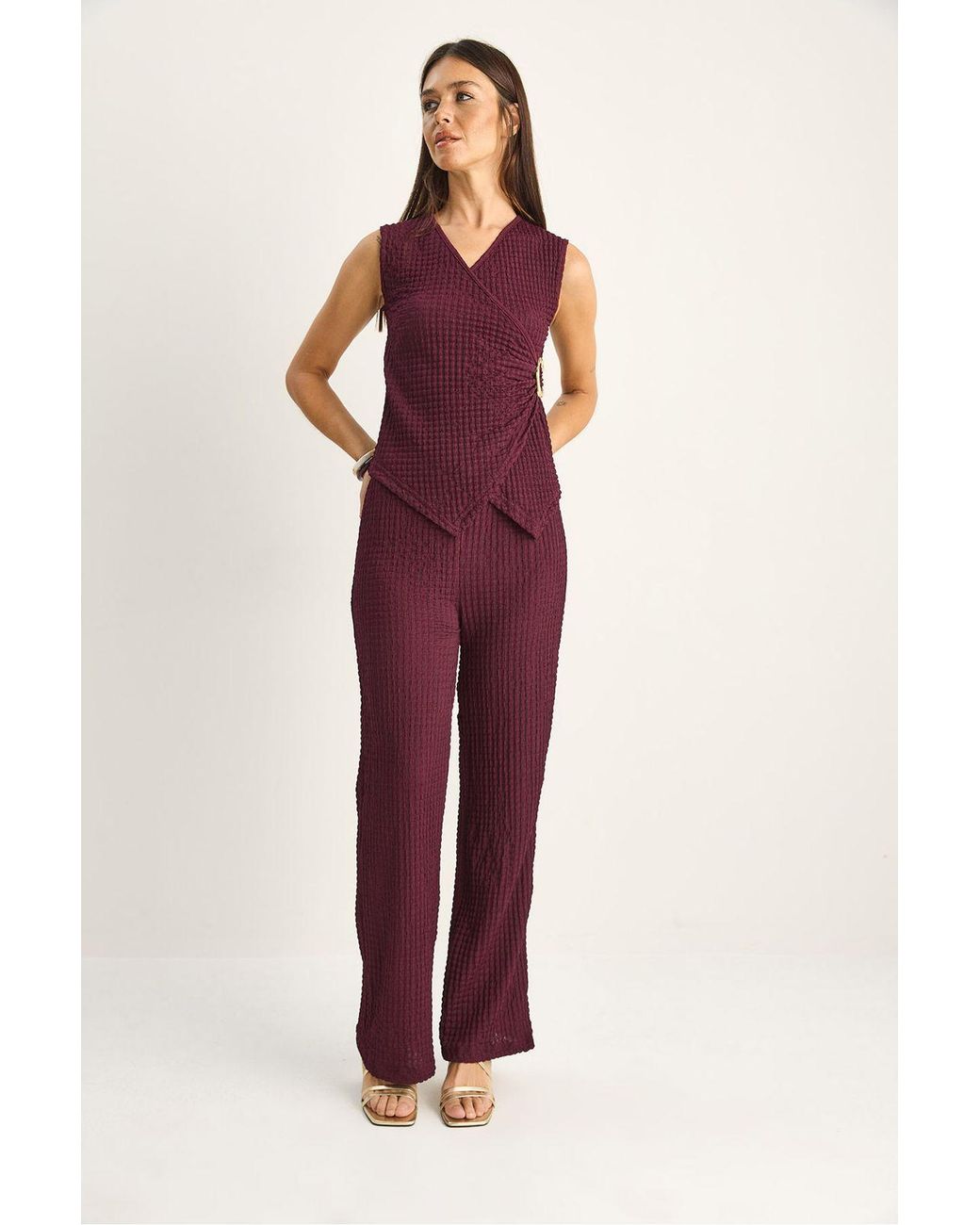 Bianco Lucci Purple Ribbed Sleeveless Blouse And Wide-Leg Trousers Set