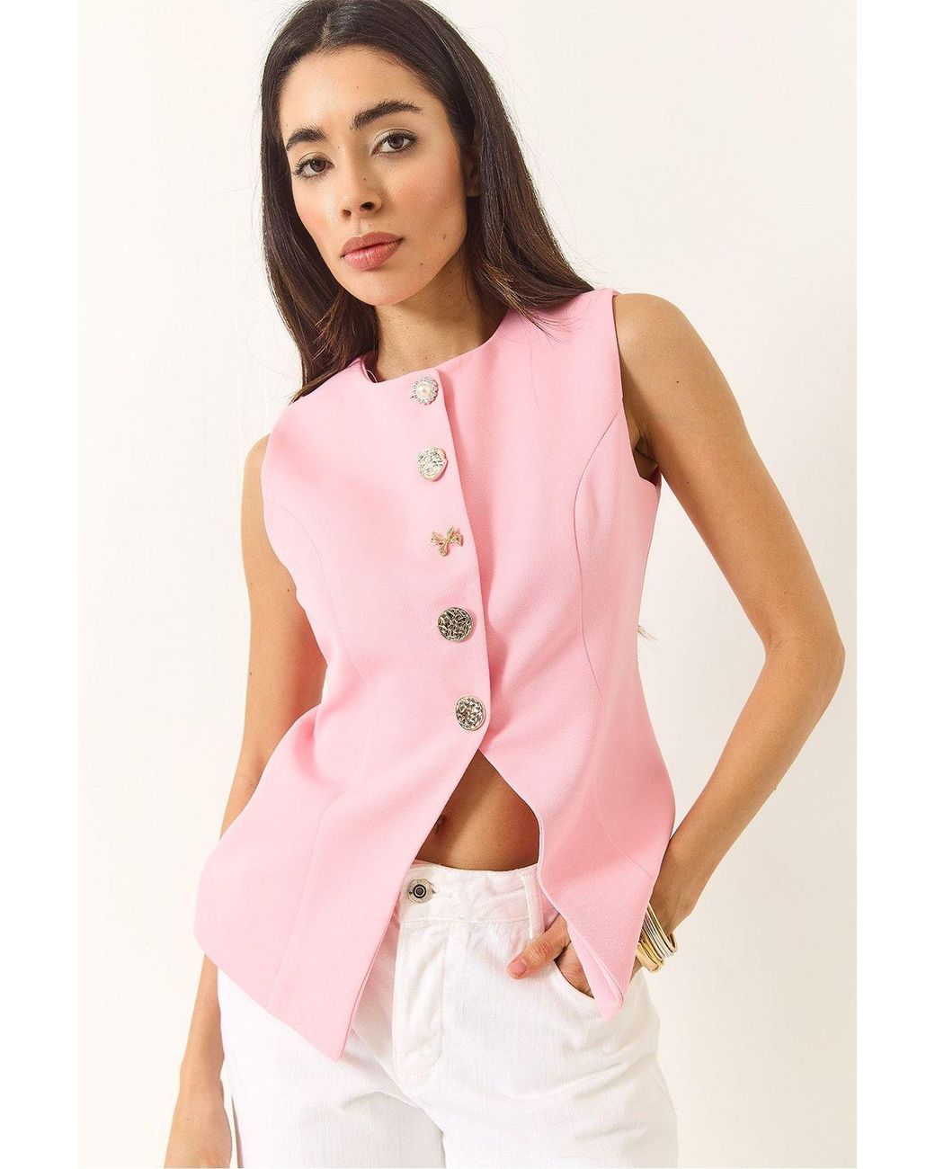Bianco Lucci Pink Fitted Sleeveless Button-Front Waistcoat With Crew Neck