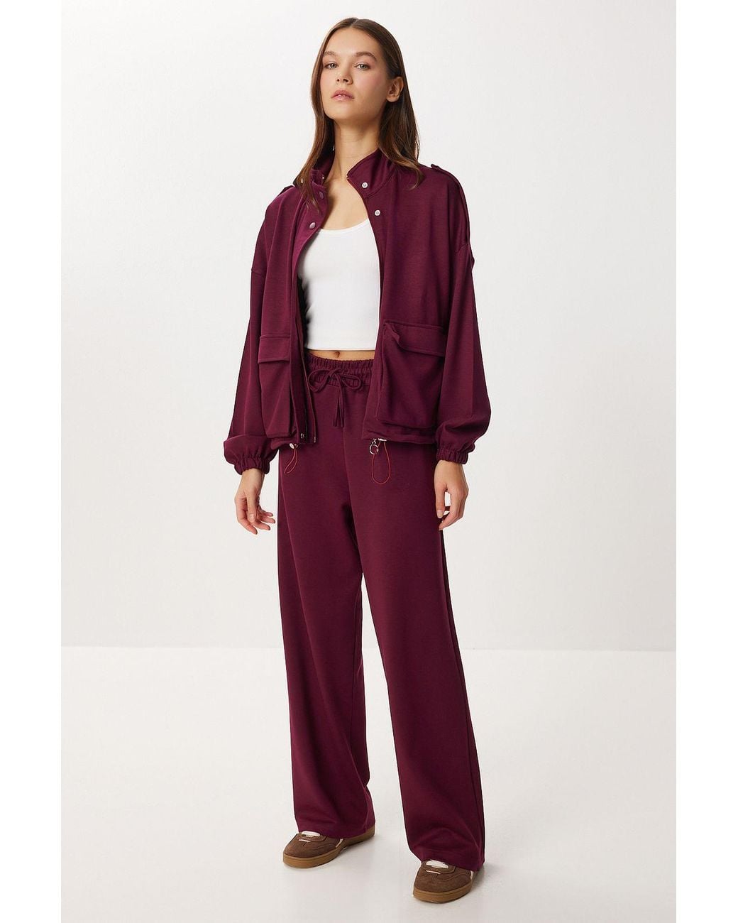 Happiness İstanbul Red Pocket Detail Jacket & Wide Leg Pants Two-Piece Set
