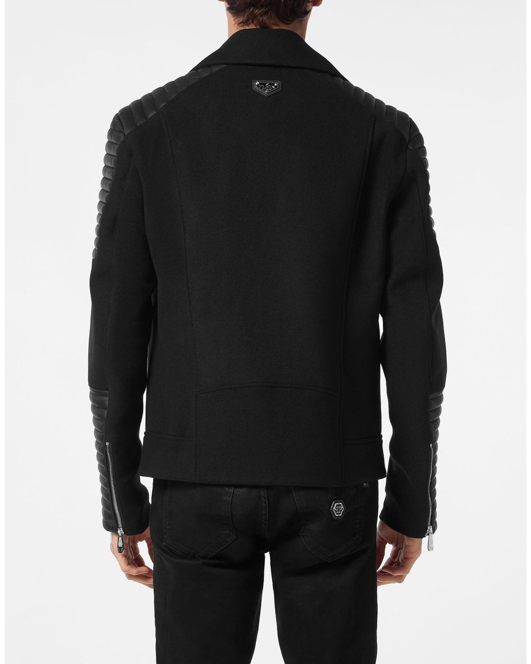 Philipp Plein Wollen Bikerjasje Met Leren Inzetstukken in het Black voor heren