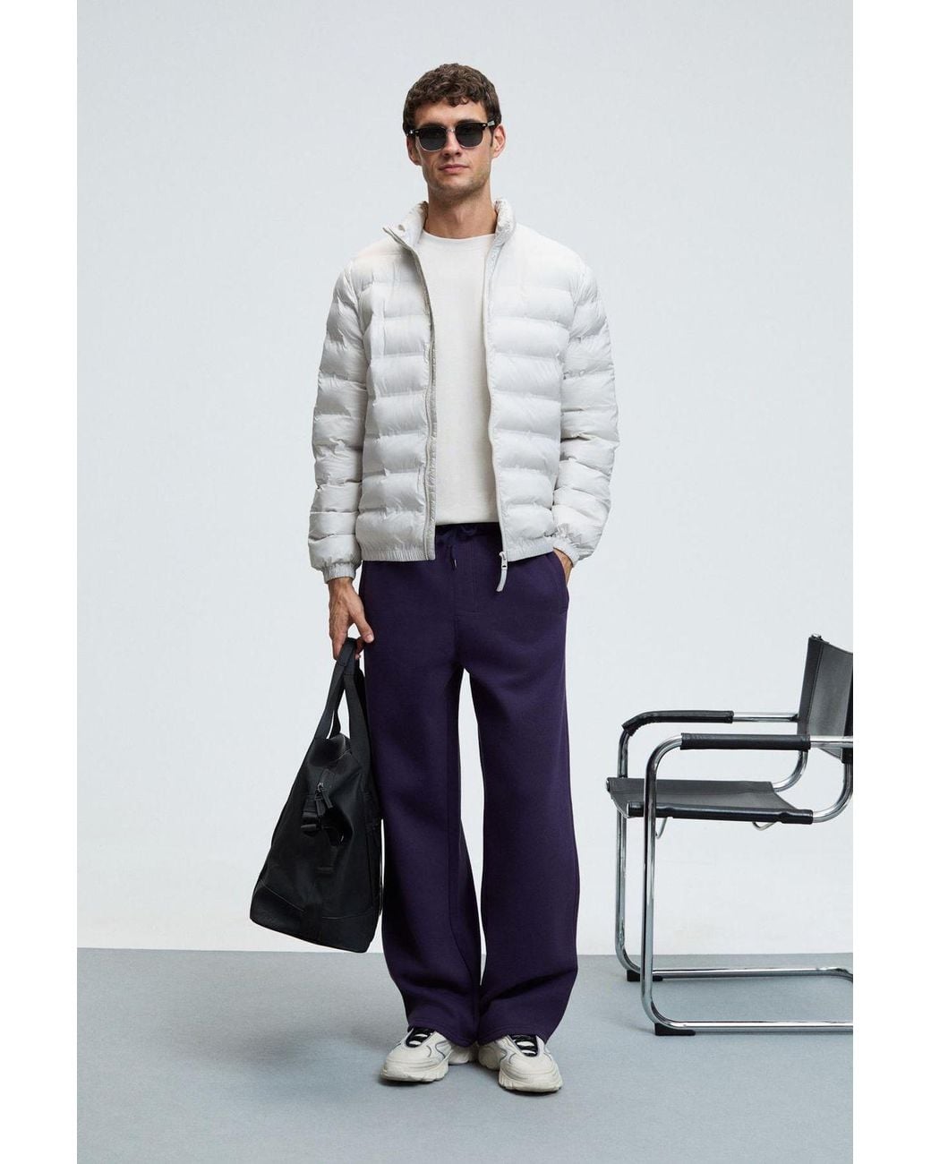 Grimelange White Elastic Waist Wide Leg Joggers for men